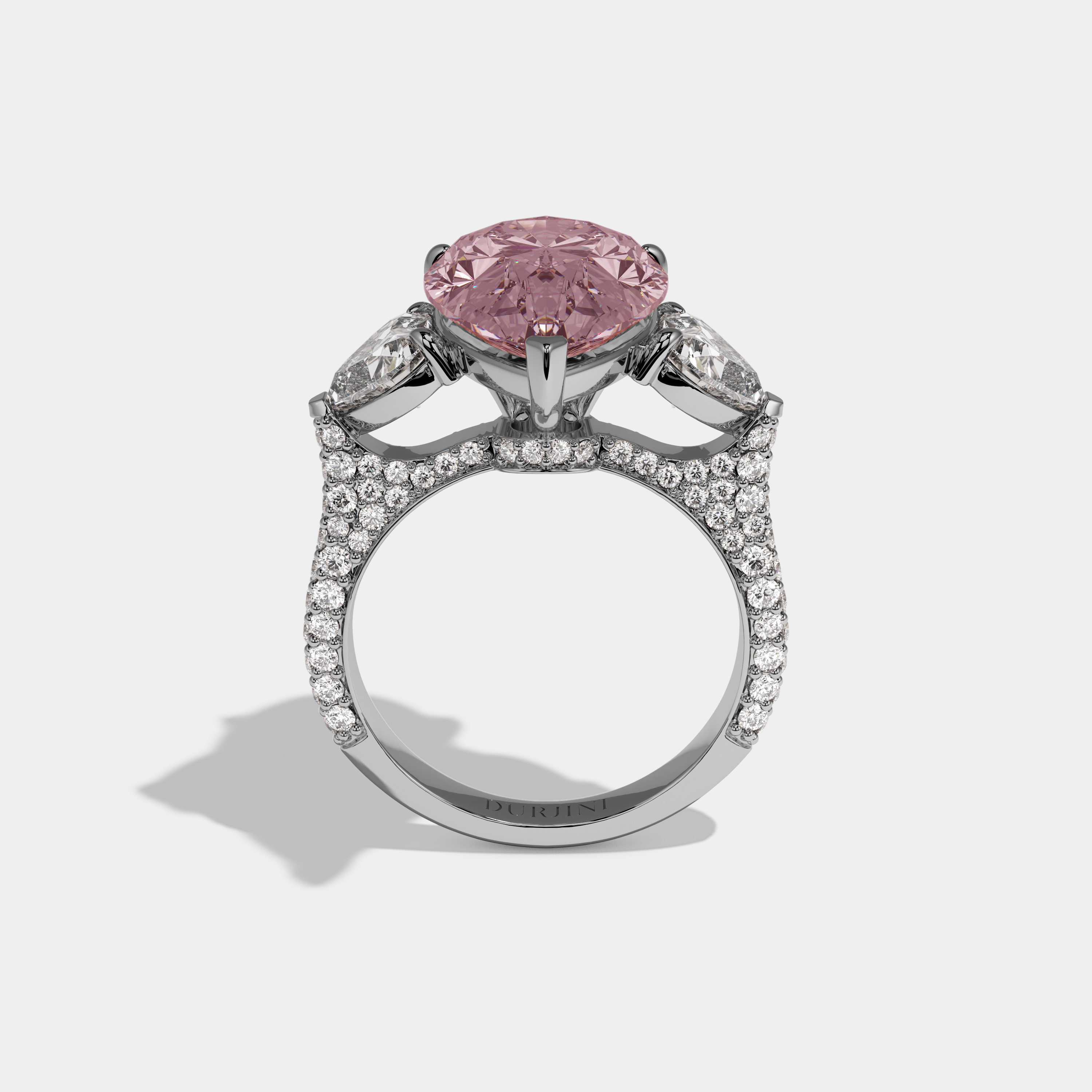 Arabella Fancy Pink Pear Cut Diamond Band With Heart Cut Sides Engagement Ring 9ct 18K White Gold
