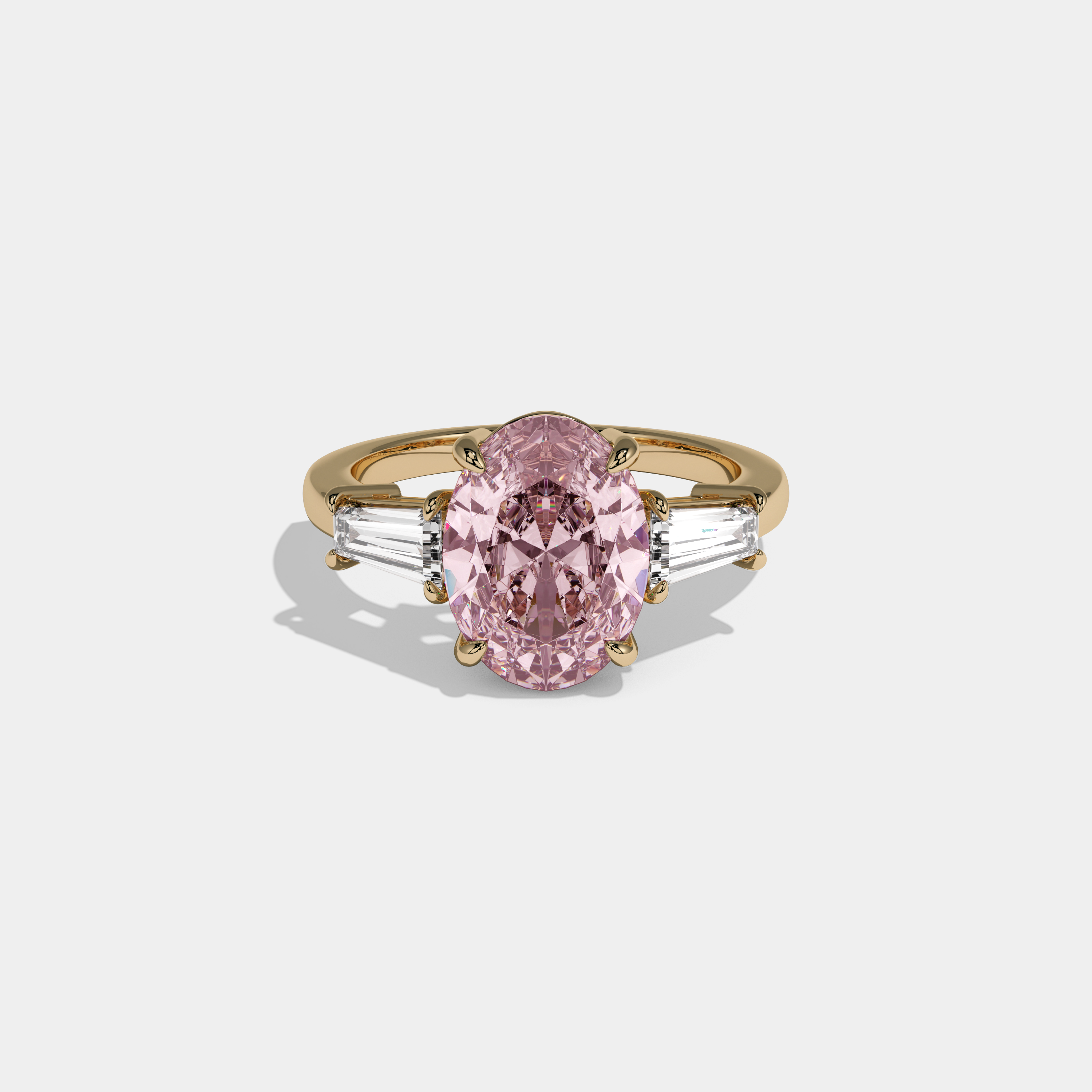 Charlotte Fancy Pink Oval Cut Diamond Plain Band Engagement Ring With Baguette Cut Sides 6ct 18K Yellow Gold