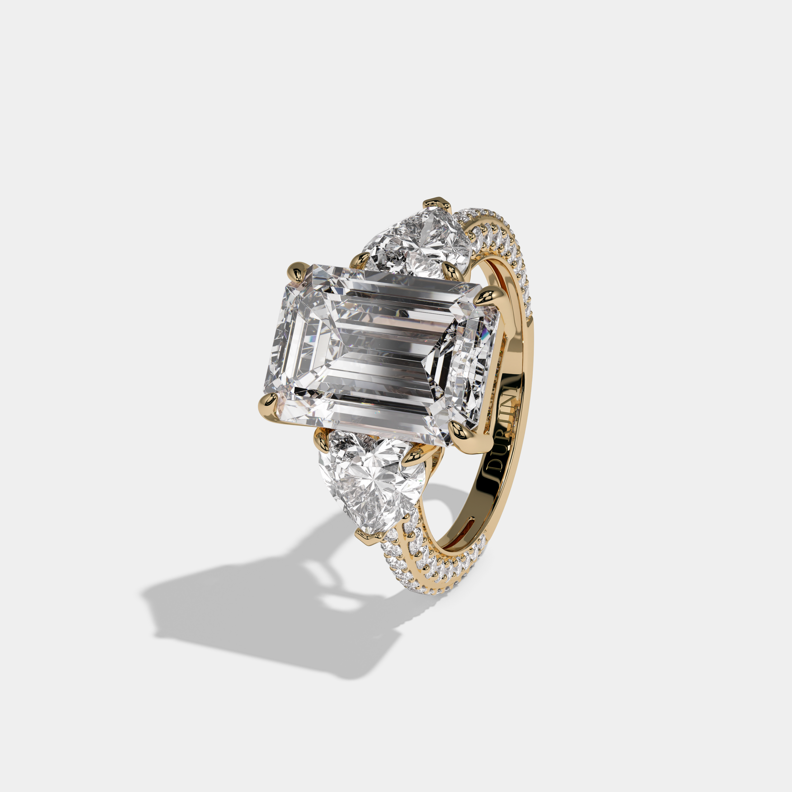 Elizabeth Emerald Cut Diamond Halo Band With Twin Heart Sides Engagement Ring 10ct 18K Yellow Gold