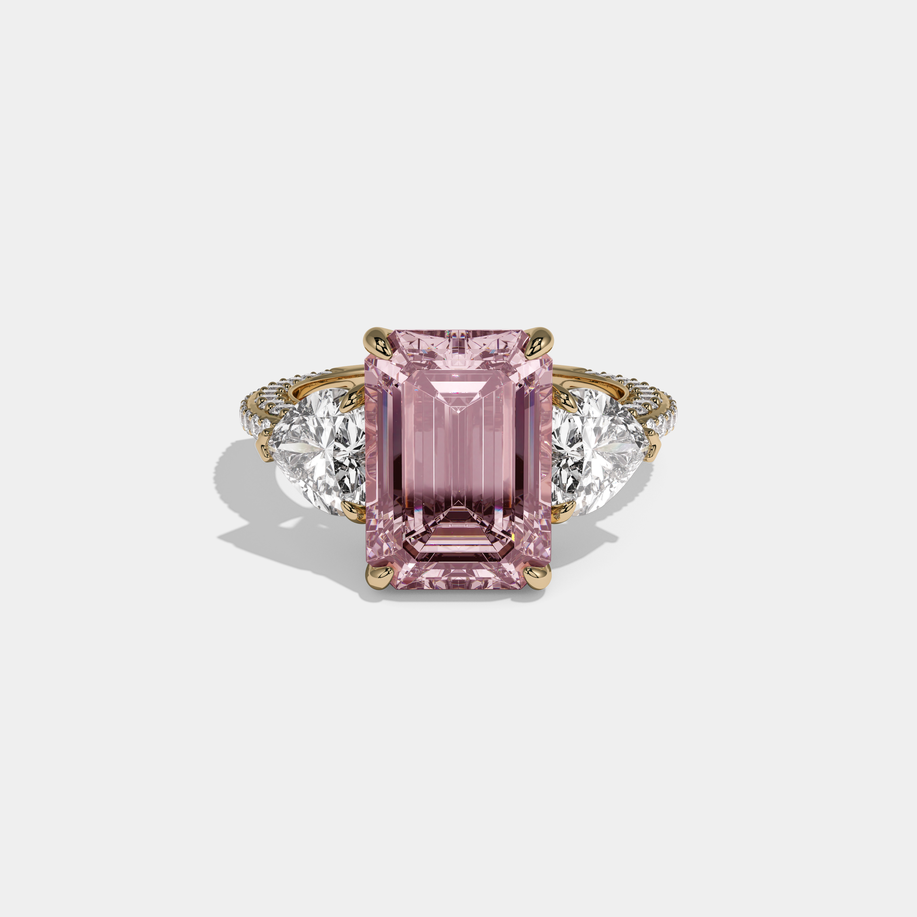 Charlotte Fancy Pink Emerald Cut Diamond Band With Heart Cut Sides Engagement Ring 8ct 18K Yellow Gold