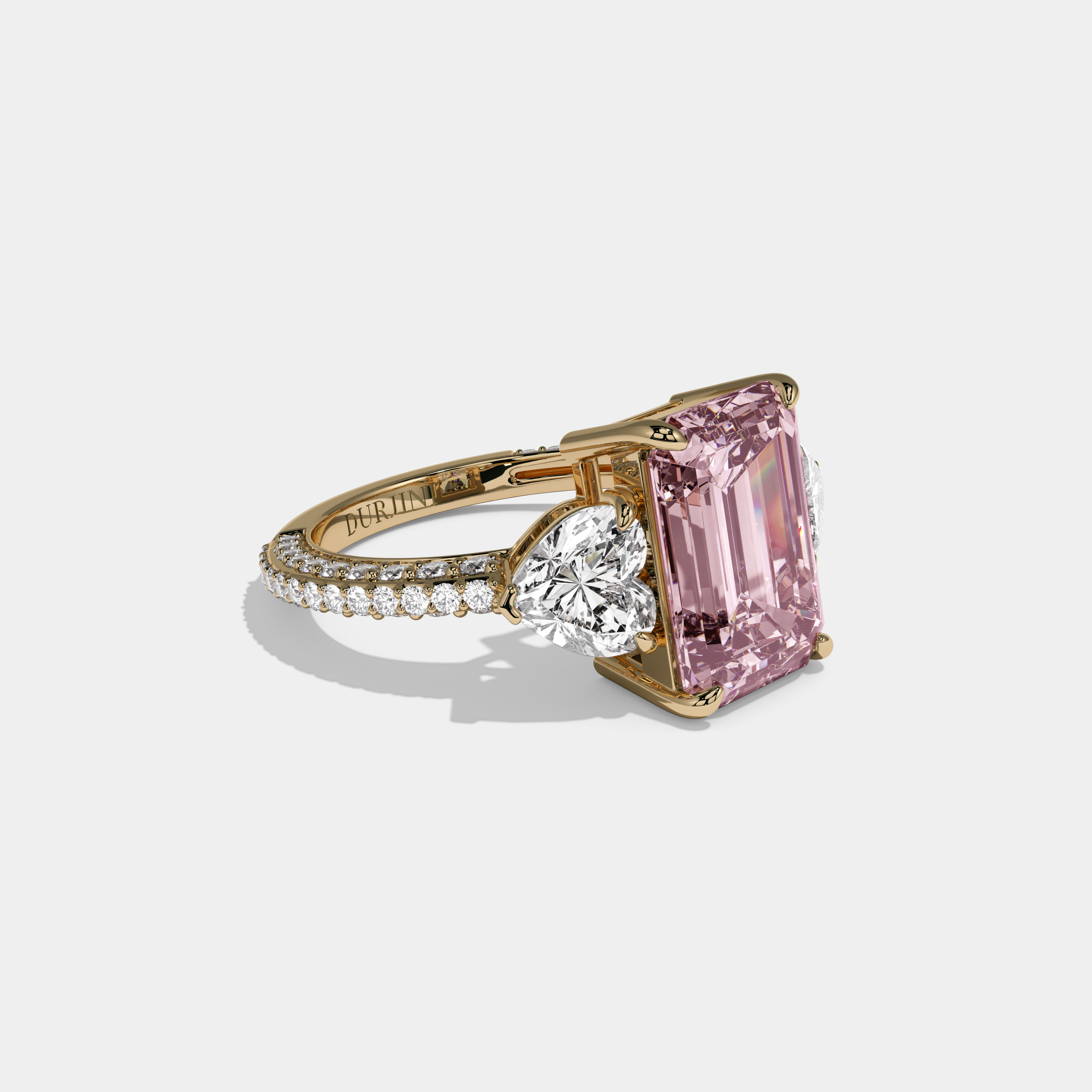 Charlotte Fancy Pink Emerald Cut Diamond Band With Heart Cut Sides Engagement Ring 8ct 18K Yellow Gold