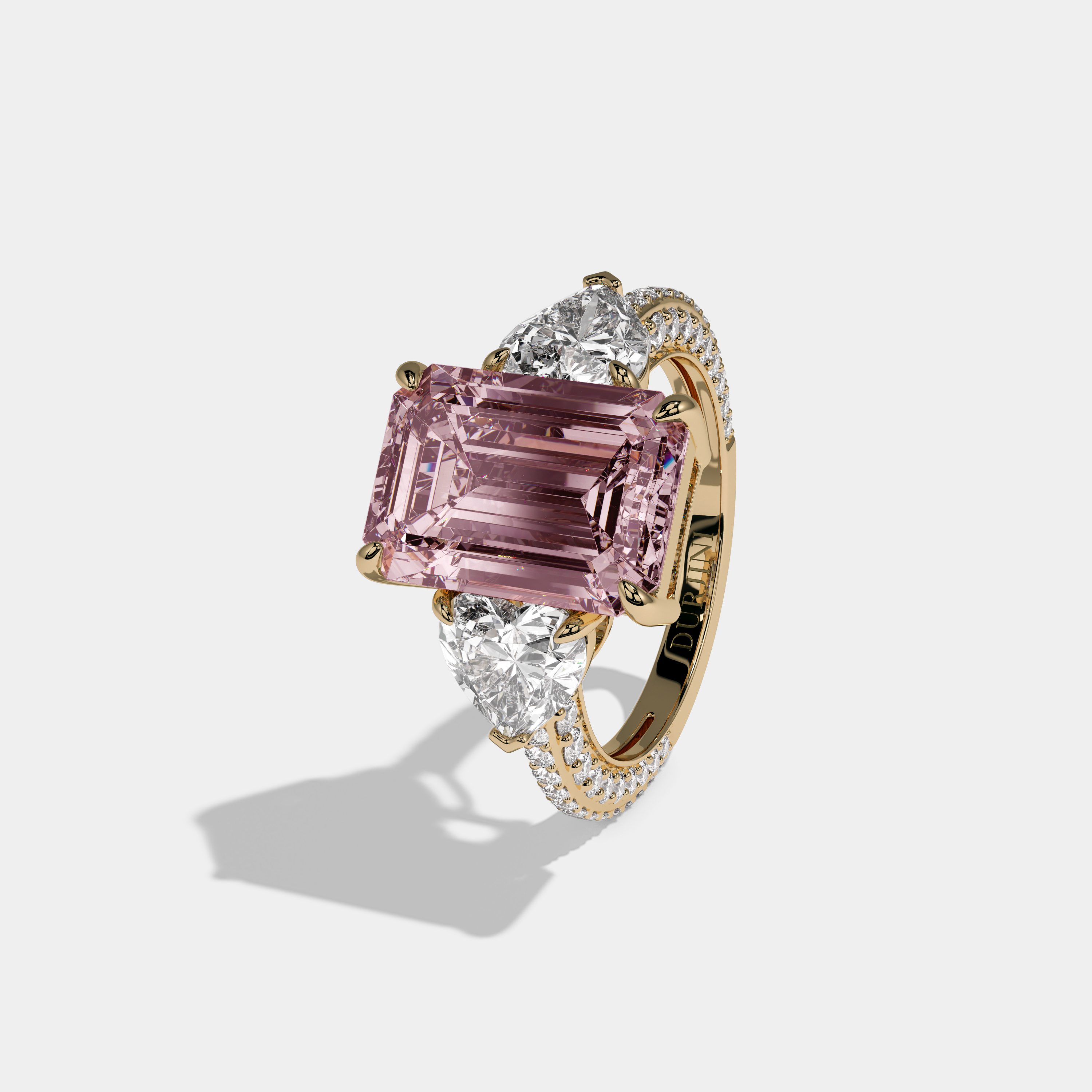Charlotte Fancy Pink Emerald Cut Diamond Band With Heart Cut Sides Engagement Ring 8ct 18K Yellow Gold