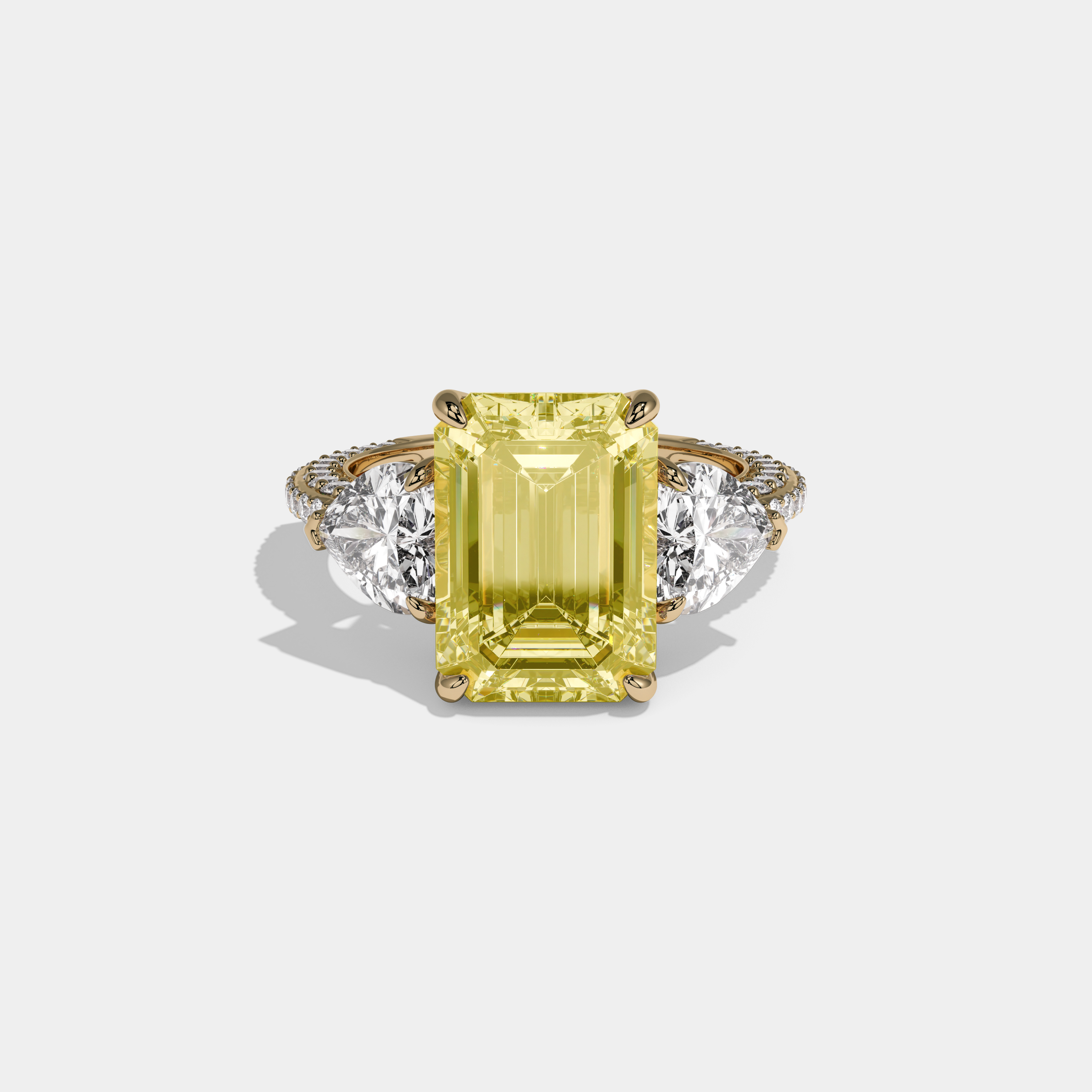 Charlotte Fancy Yellow Emerald Cut Diamond Halo Band With Twin Heart Sides Engagement Ring 10ct 18K Yellow Gold
