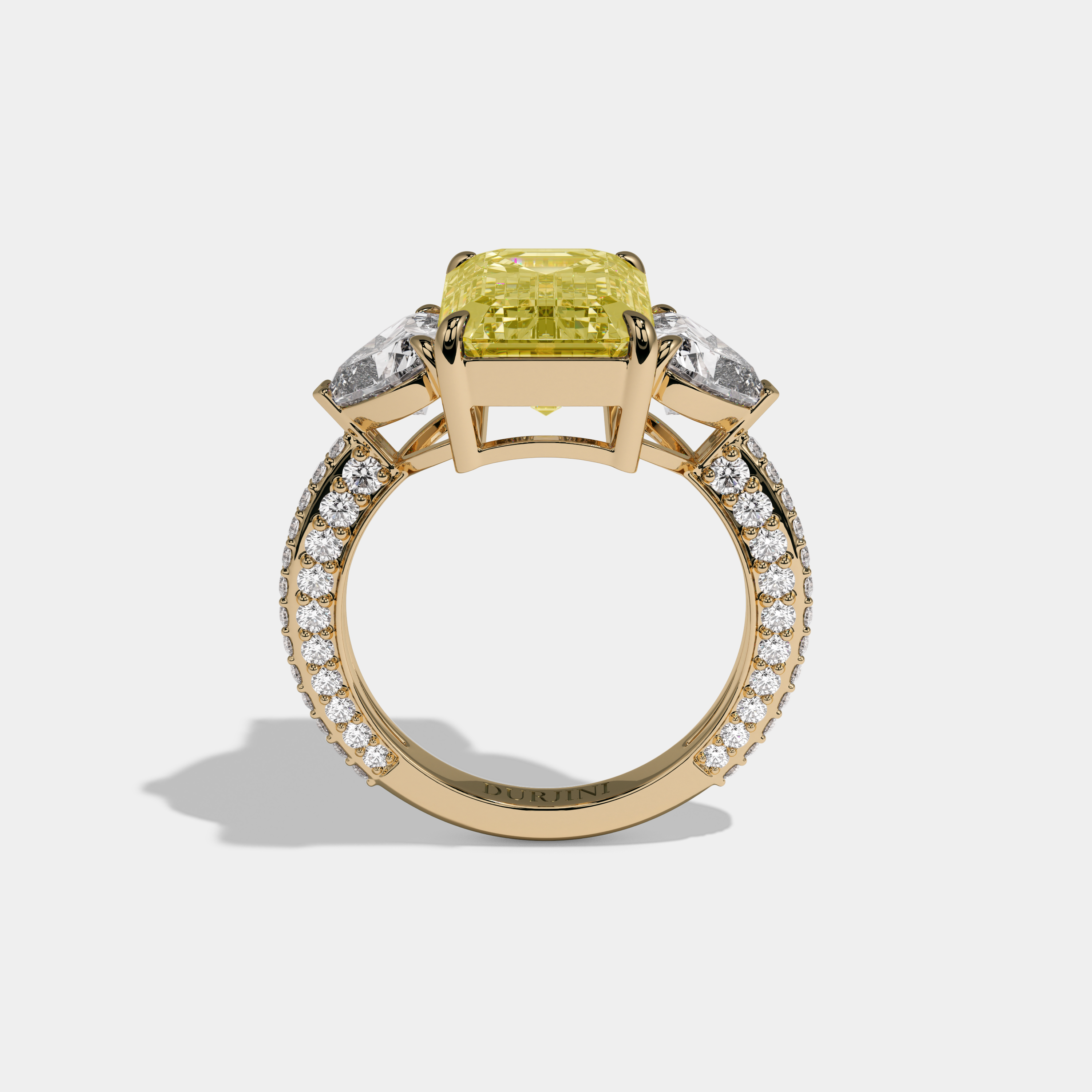Charlotte Fancy Yellow Emerald Cut Diamond Halo Band With Twin Heart Sides Engagement Ring 10ct 18K Yellow Gold