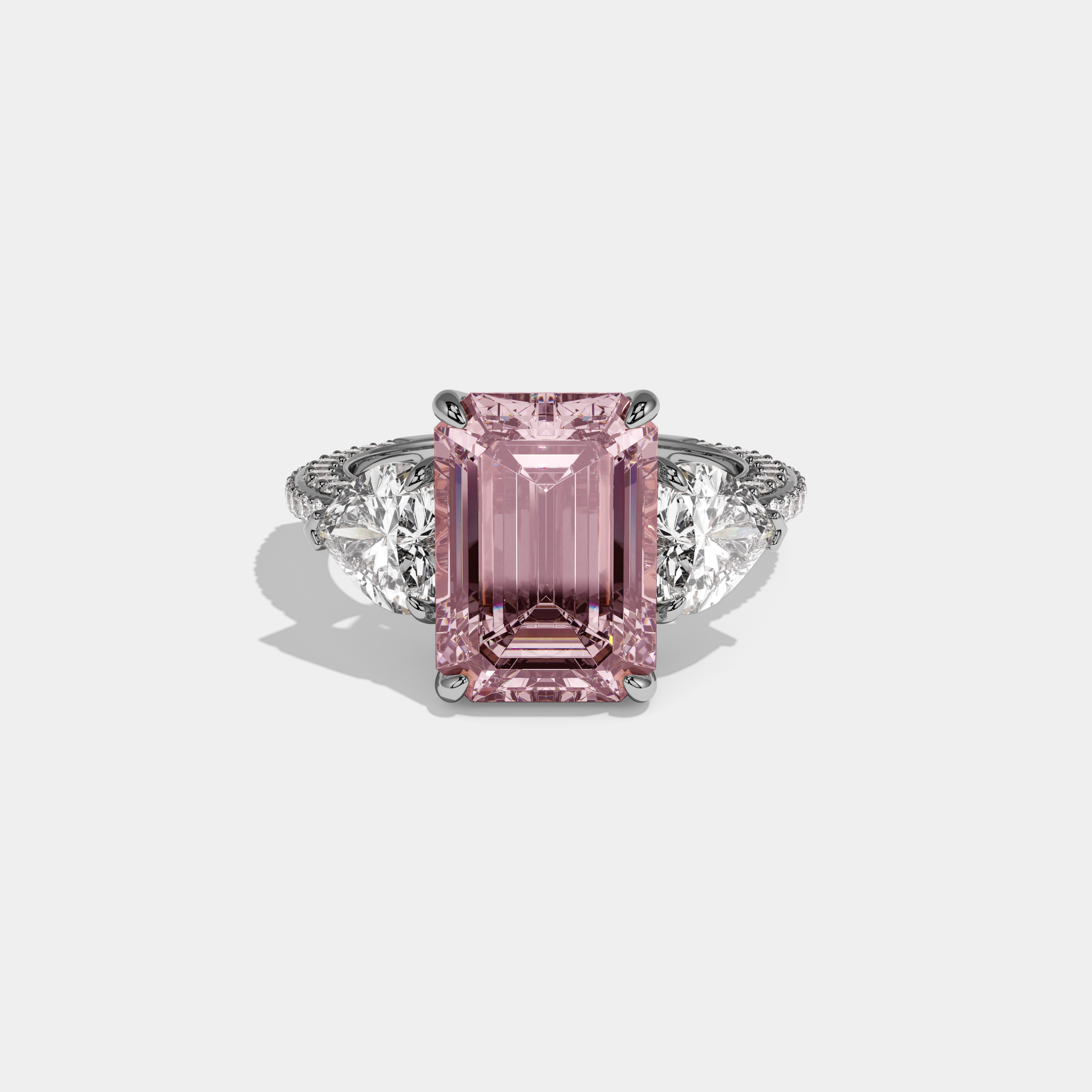 Beatrice Fancy Pink Emerald Cut Diamond Band With Heart Cut Sides Engagement Ring 8ct 18K White Gold