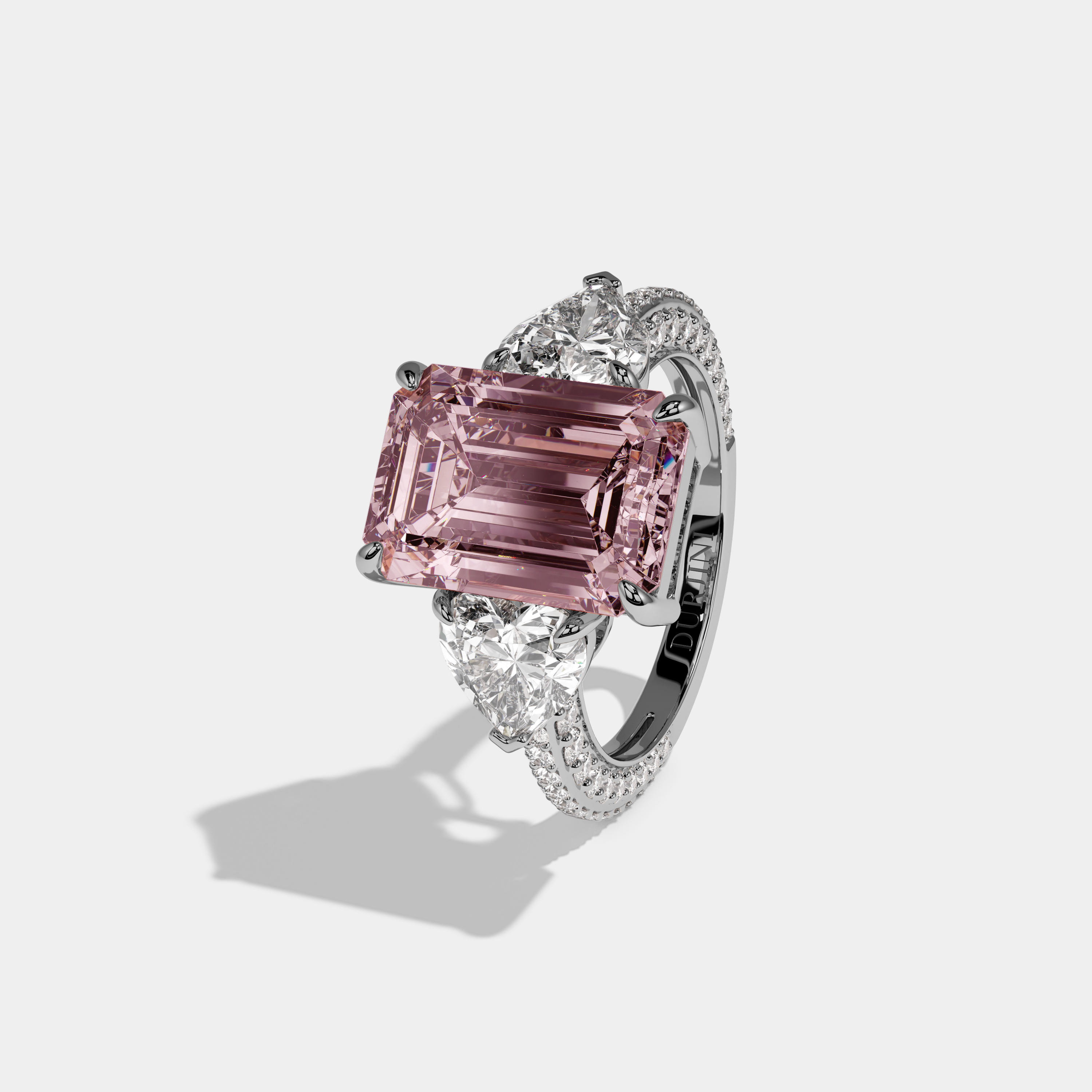 Beatrice Fancy Pink Emerald Cut Diamond Band With Heart Cut Sides Engagement Ring 8ct 18K White Gold