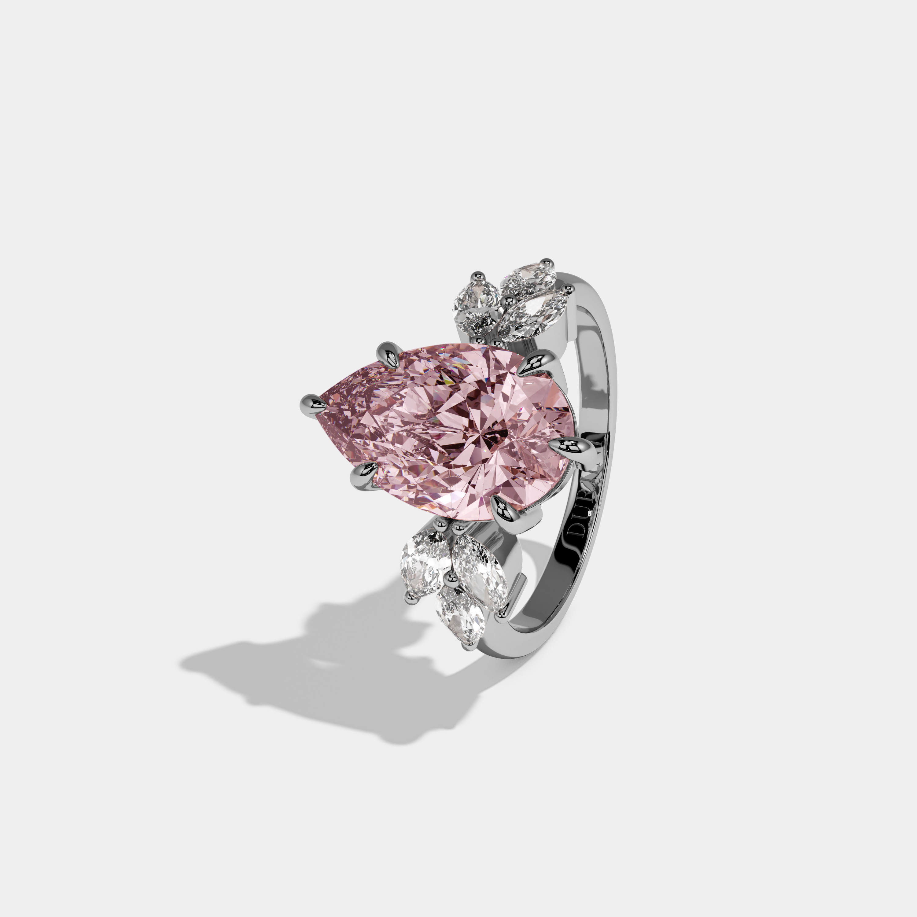 Arabella Fancy Pink Pear Cut Diamond Plain Band With Marquise Cut Sides Engagement Ring 7ct 18K White Gold