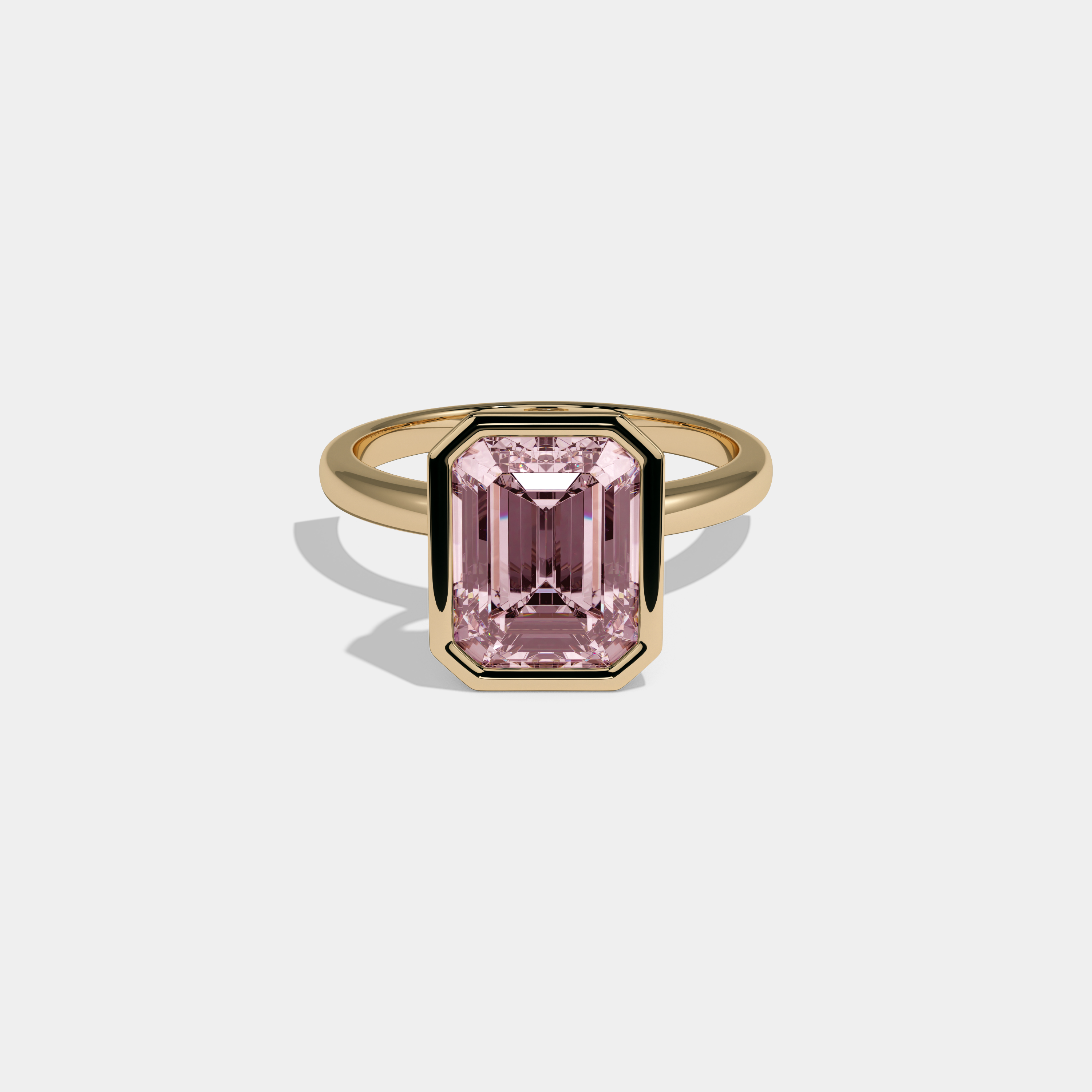 Charlotte Fancy Pink Emerald Cut Diamond Plain Band Bezel Engagement Ring 5ct 18K Yellow Gold