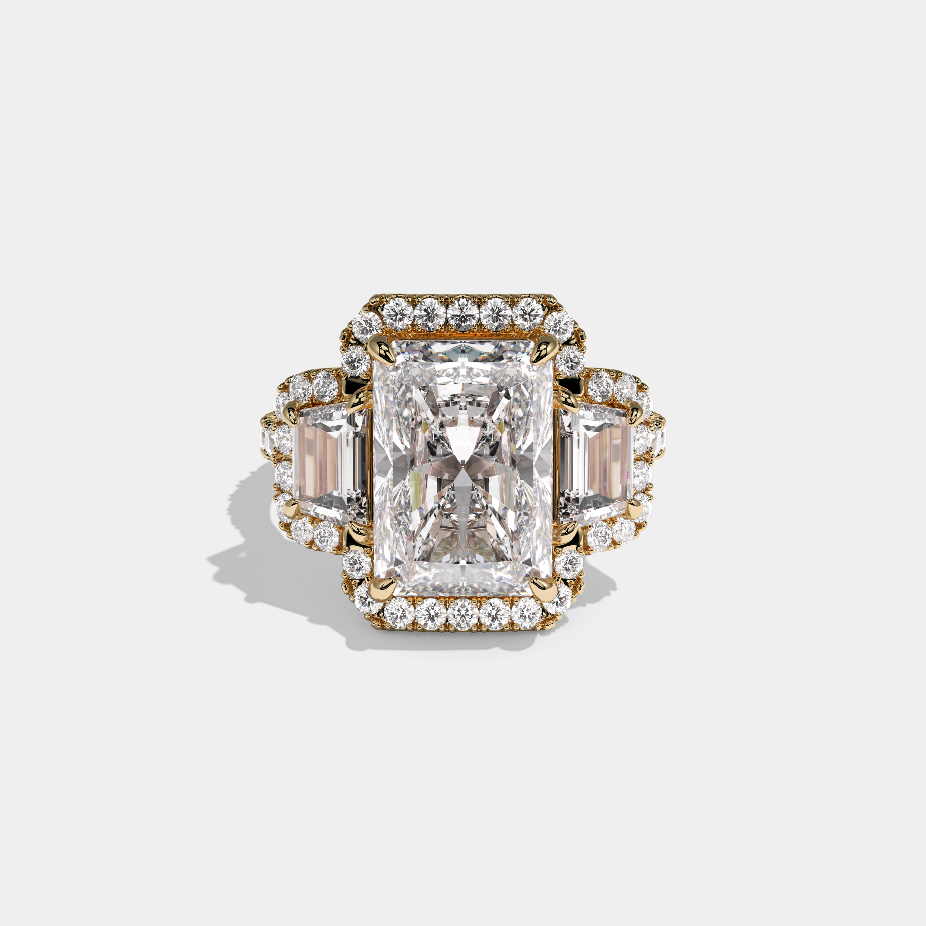 Victoria Radiant Cut Diamond Halo With Step Cut Trapezoid Side Diamond Band Engagement Ring 10ct 18K Yellow Gold