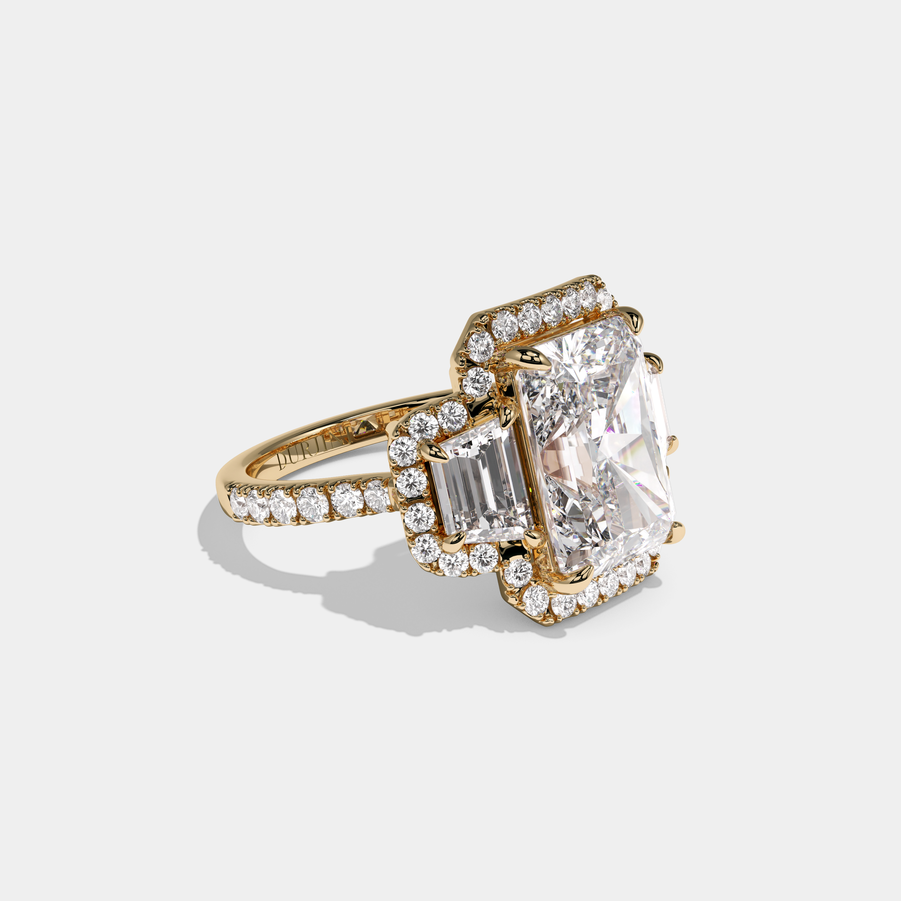 Victoria Radiant Cut Diamond Halo With Step Cut Trapezoid Side Diamond Band Engagement Ring 10ct 18K Yellow Gold