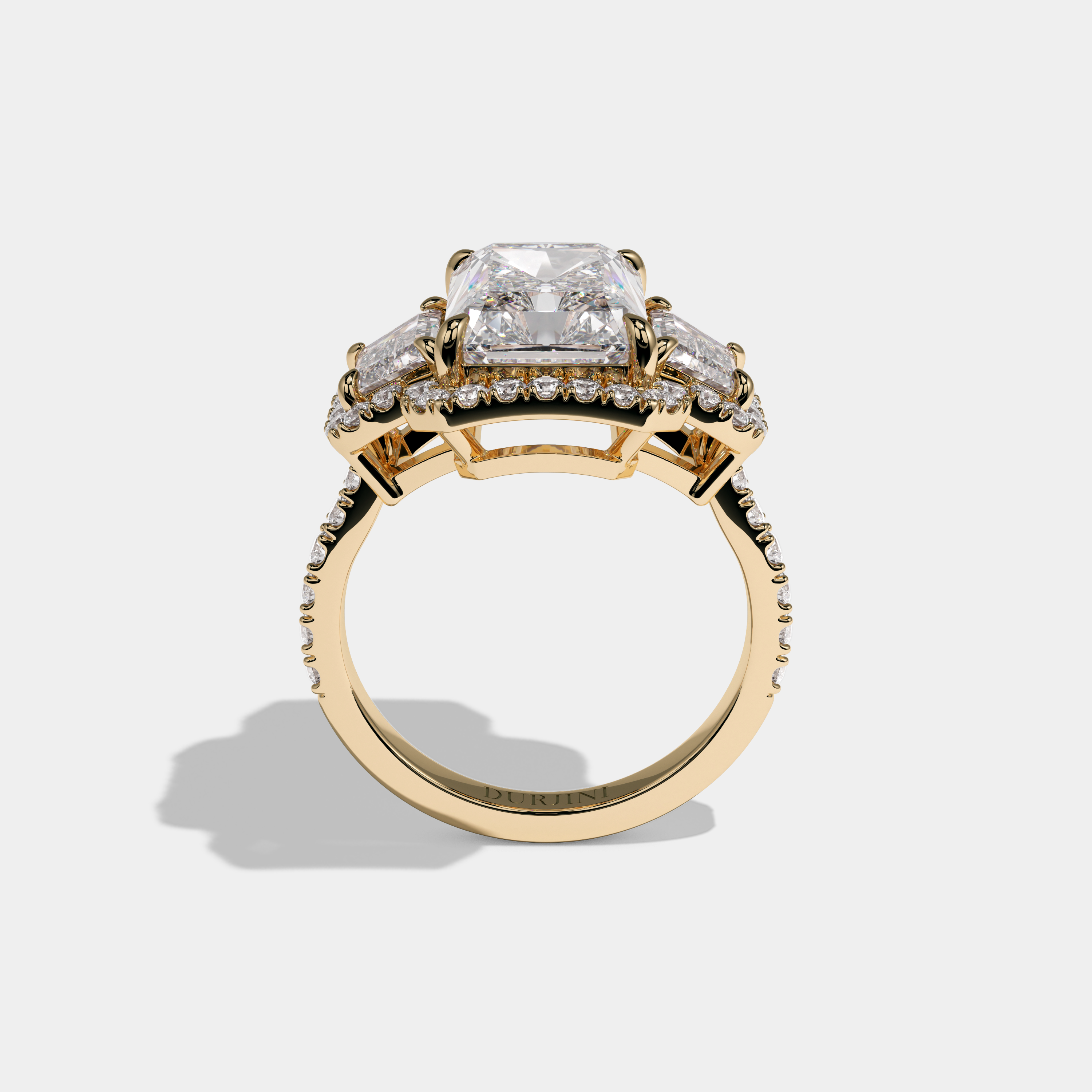 Victoria Radiant Cut Diamond Halo With Step Cut Trapezoid Side Diamond Band Engagement Ring 10ct 18K Yellow Gold