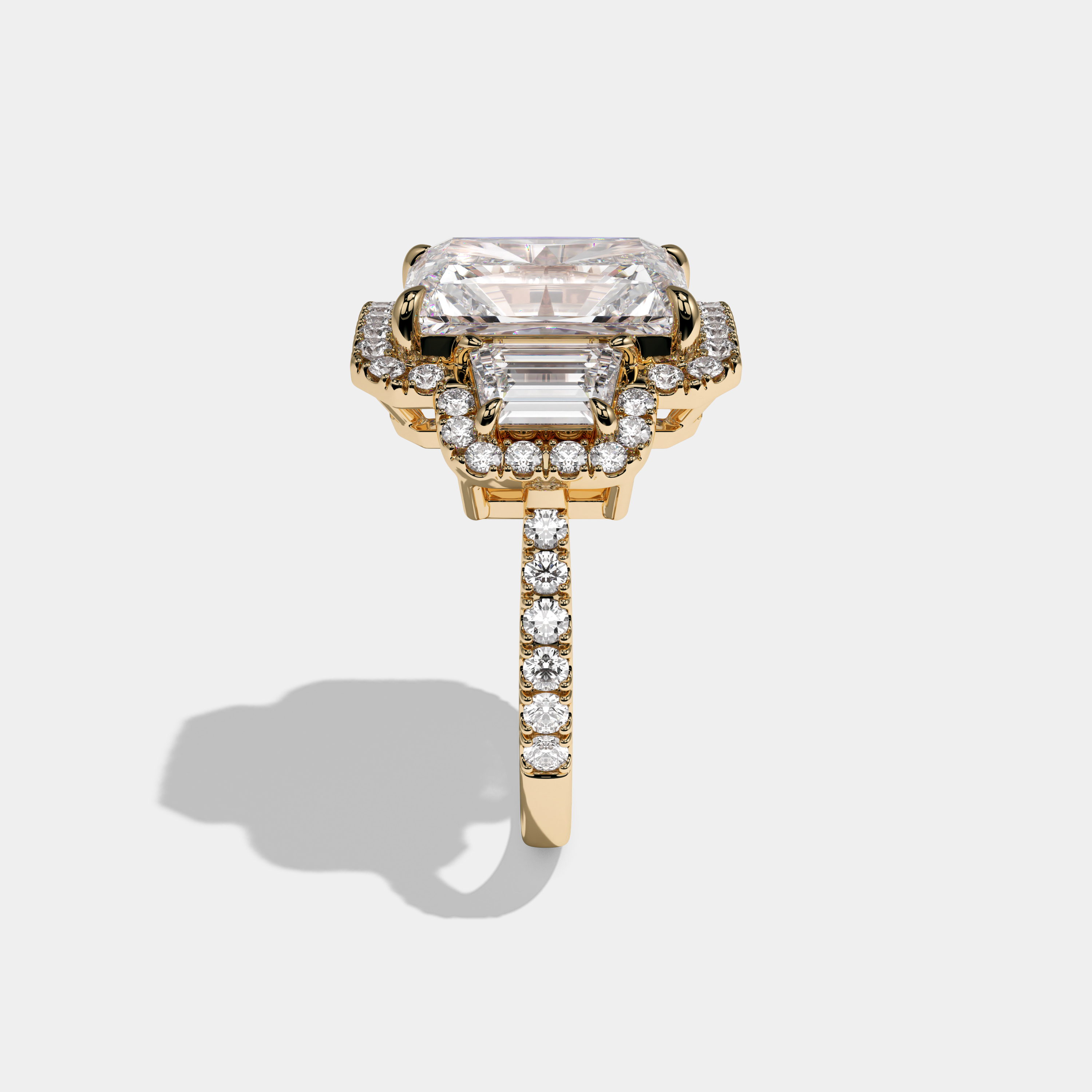Victoria Radiant Cut Diamond Halo With Step Cut Trapezoid Side Diamond Band Engagement Ring 10ct 18K Yellow Gold