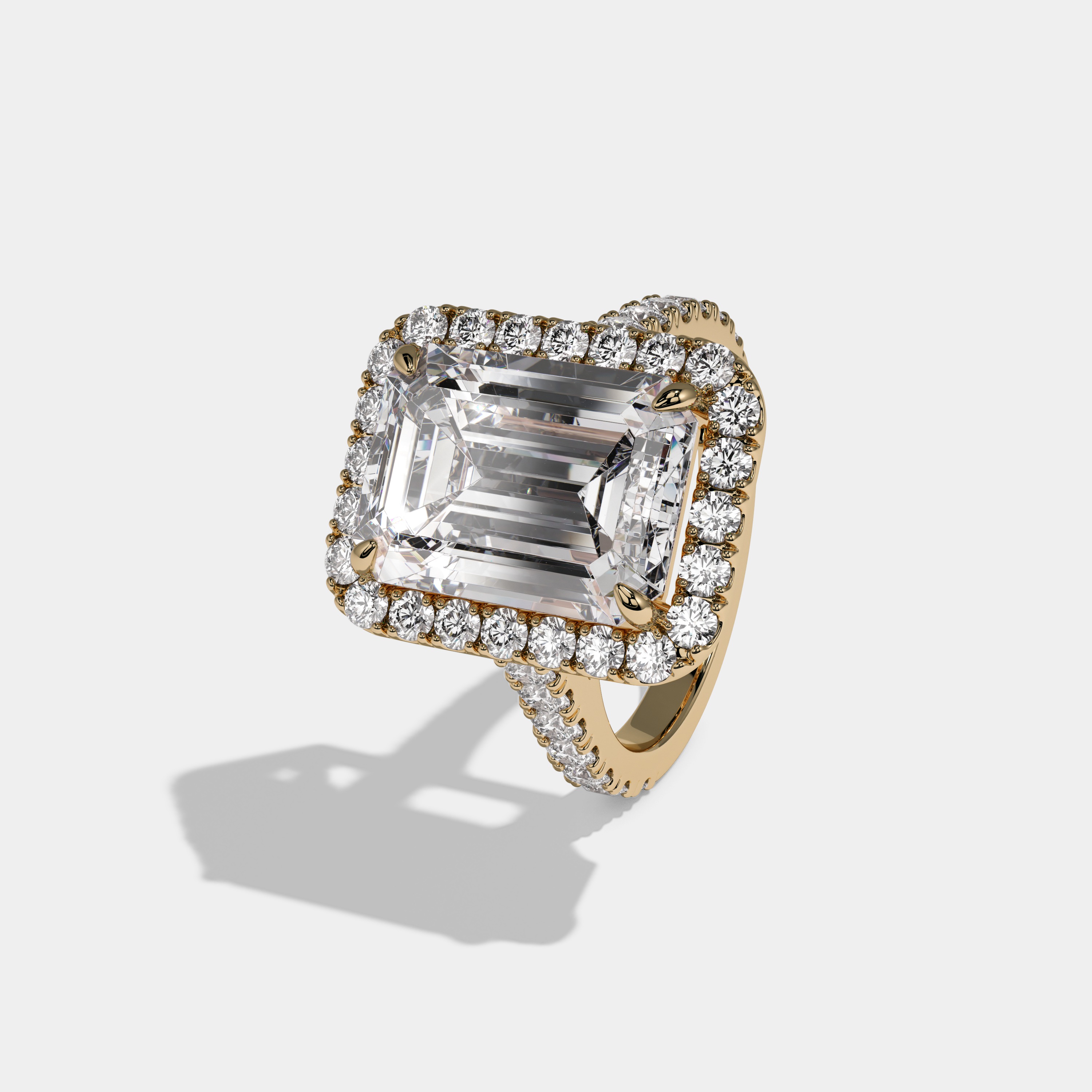 Jane Emerald Cut Diamond Halo Diamond Band Engagement Ring 10ct 18K Yellow Gold
