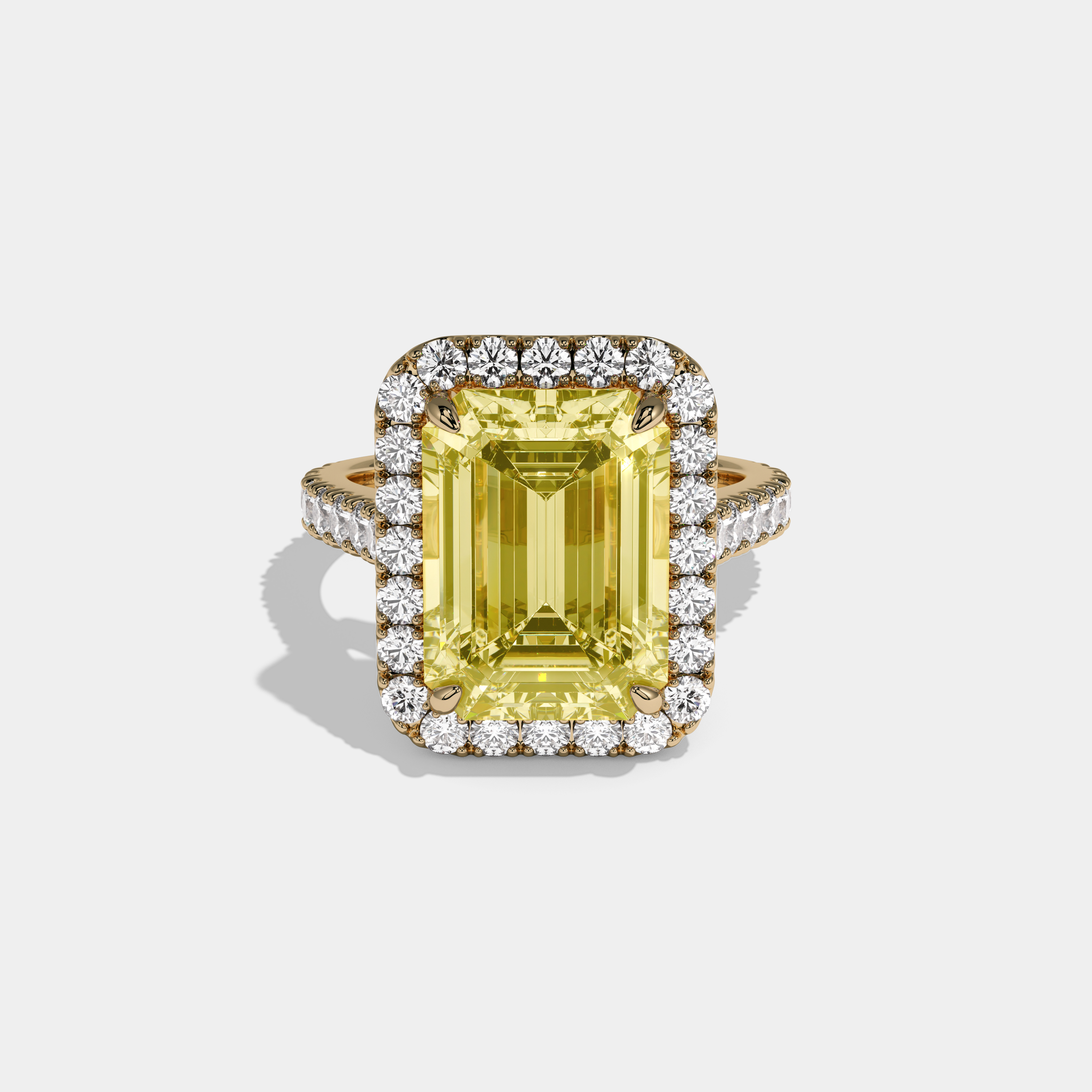 Elizabeth Fancy Yellow Emerald Cut Diamond Halo Diamond Band Engagement Ring 8ct 18K Yellow Gold