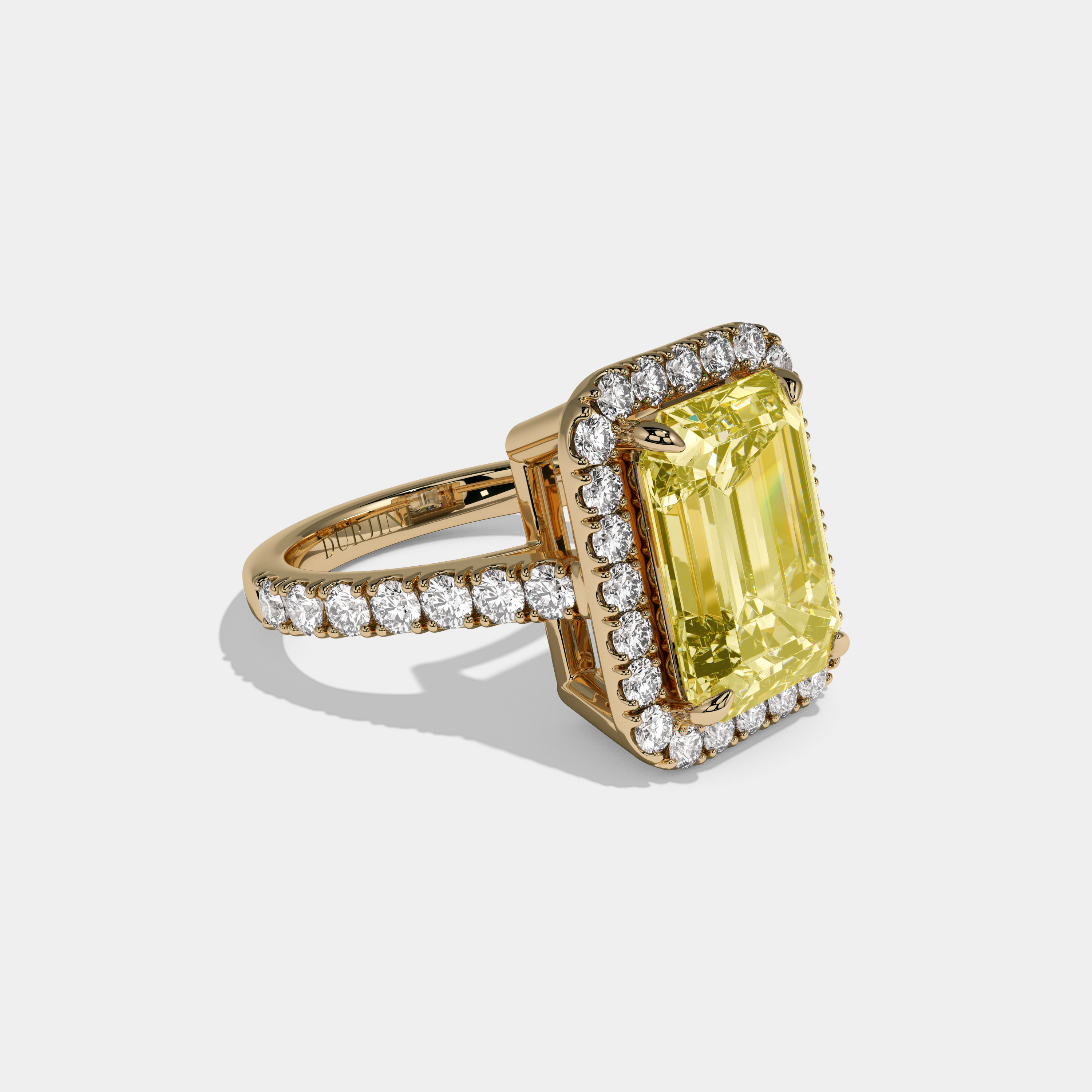 Elizabeth Fancy Yellow Emerald Cut Diamond Halo Diamond Band Engagement Ring 8ct 18K Yellow Gold