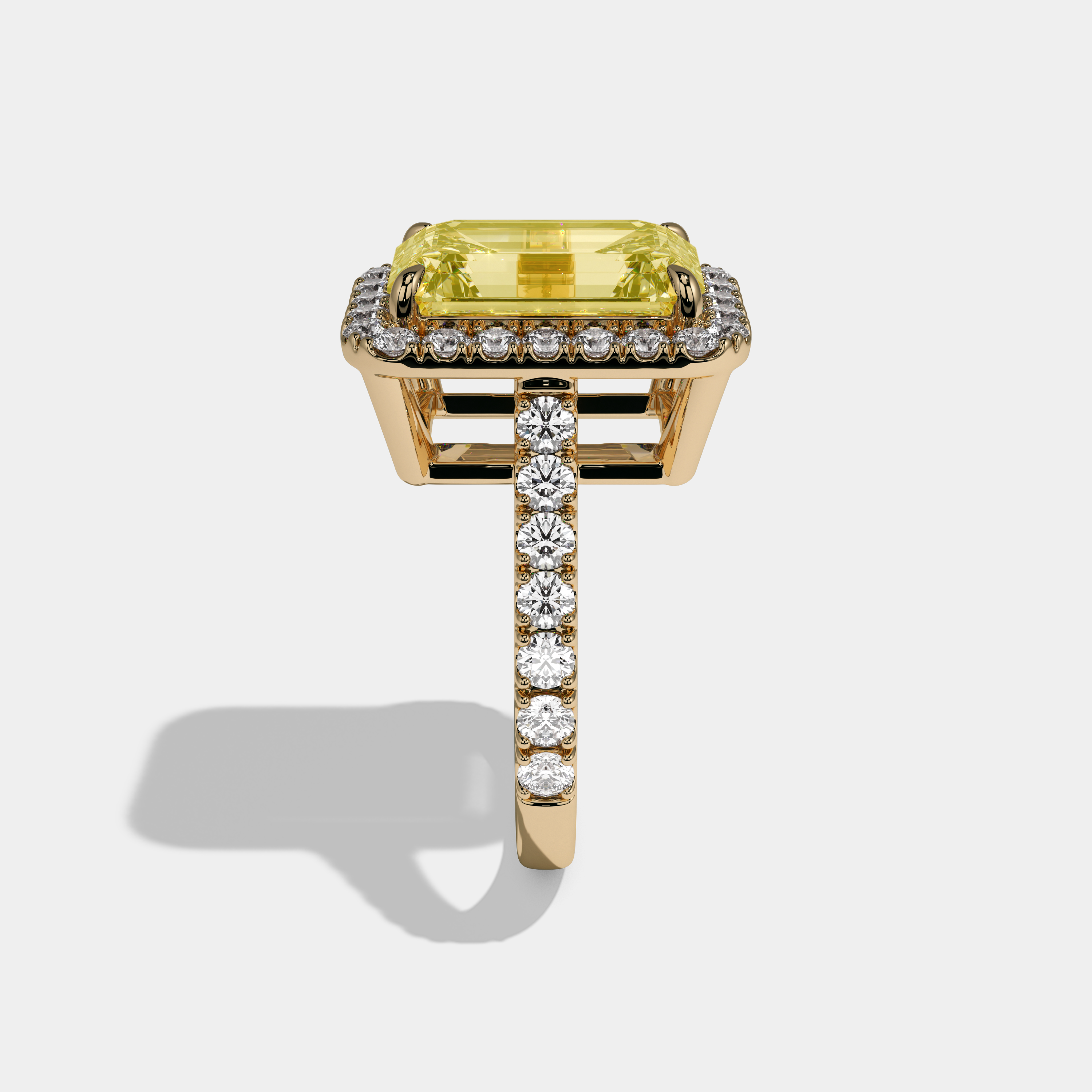 Elizabeth Fancy Yellow Emerald Cut Diamond Halo Diamond Band Engagement Ring 8ct 18K Yellow Gold