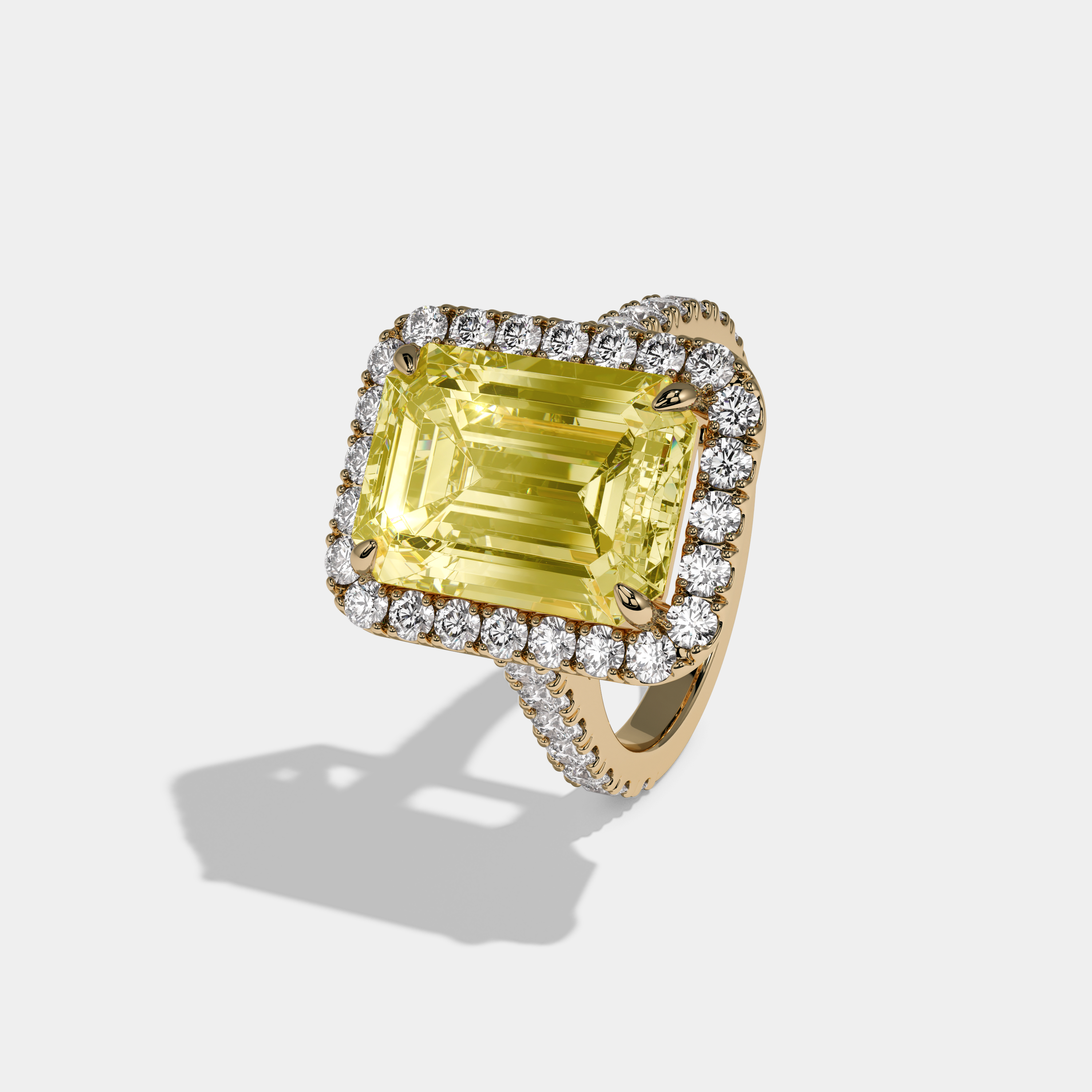 Elizabeth Fancy Yellow Emerald Cut Diamond Halo Diamond Band Engagement Ring 8ct 18K Yellow Gold
