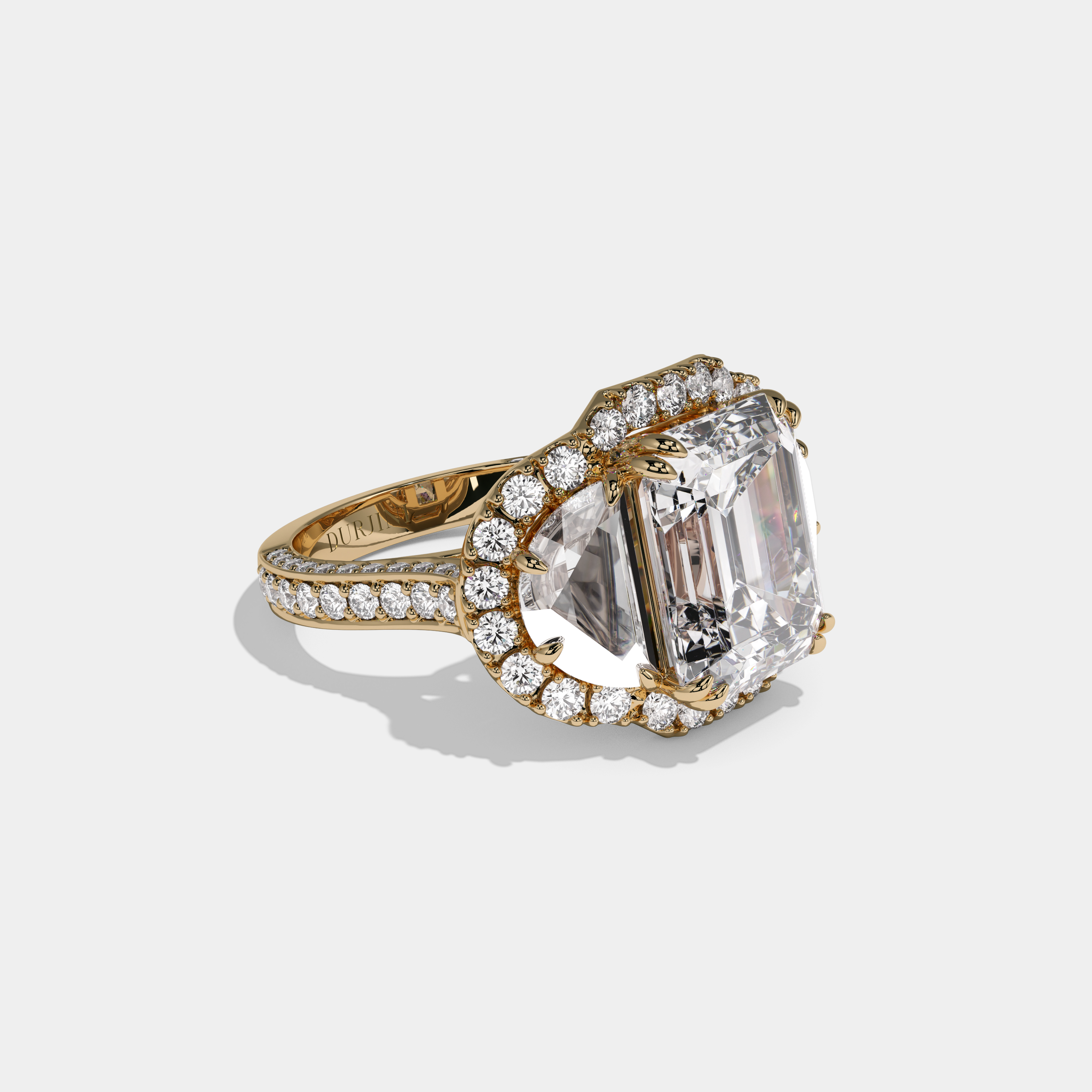 Blanche Emerald Cut Diamond With Half Moon Halo Band Engagement Ring 10ct 18K Yellow Gold