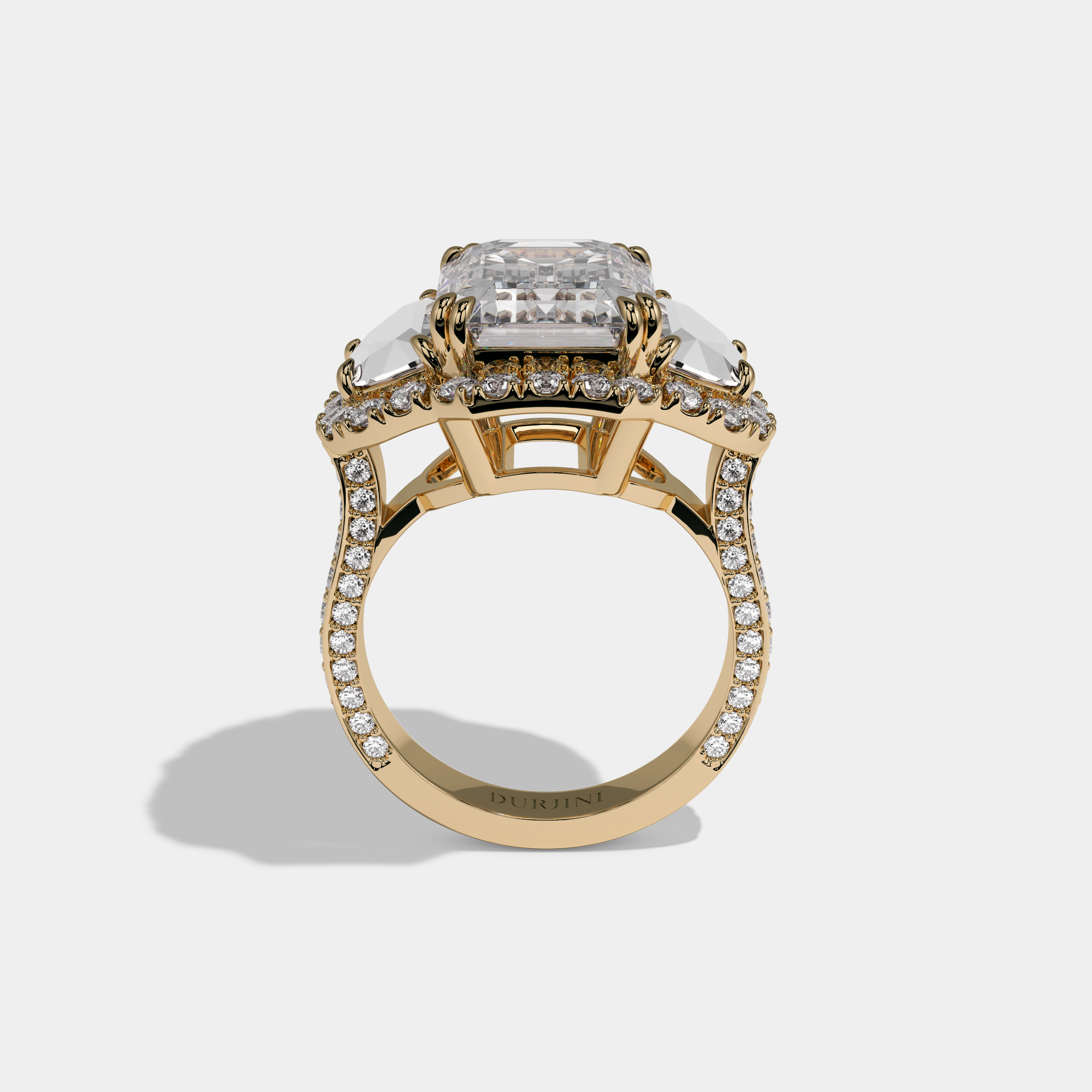 Blanche Emerald Cut Diamond With Half Moon Halo Band Engagement Ring 10ct 18K Yellow Gold