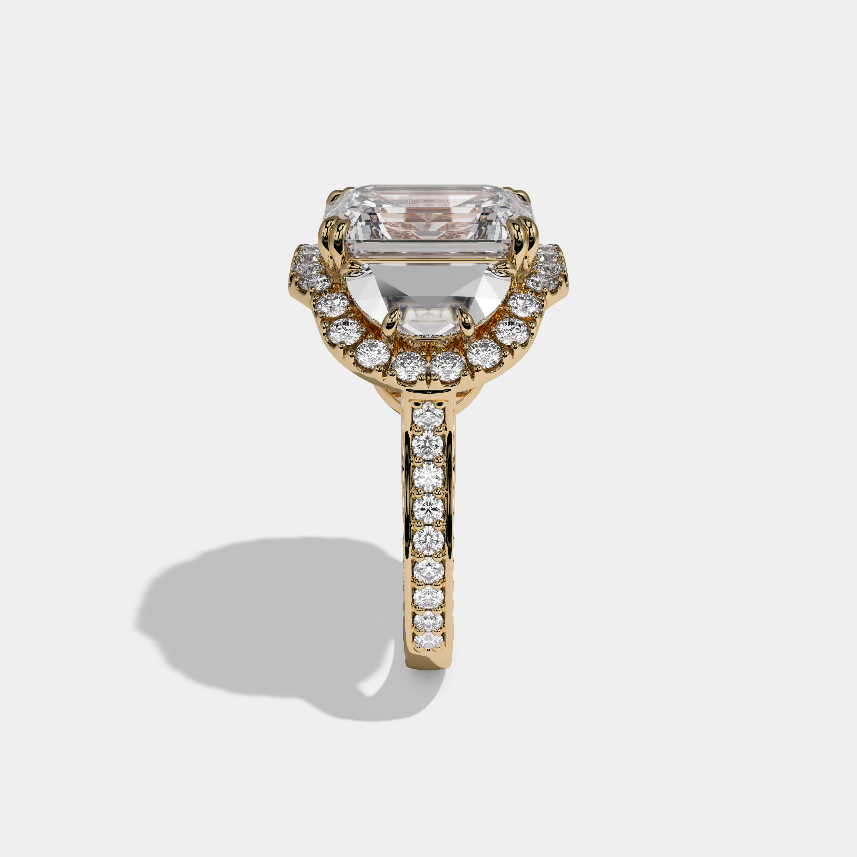 Blanche Emerald Cut Diamond With Half Moon Halo Band Engagement Ring 10ct 18K Yellow Gold