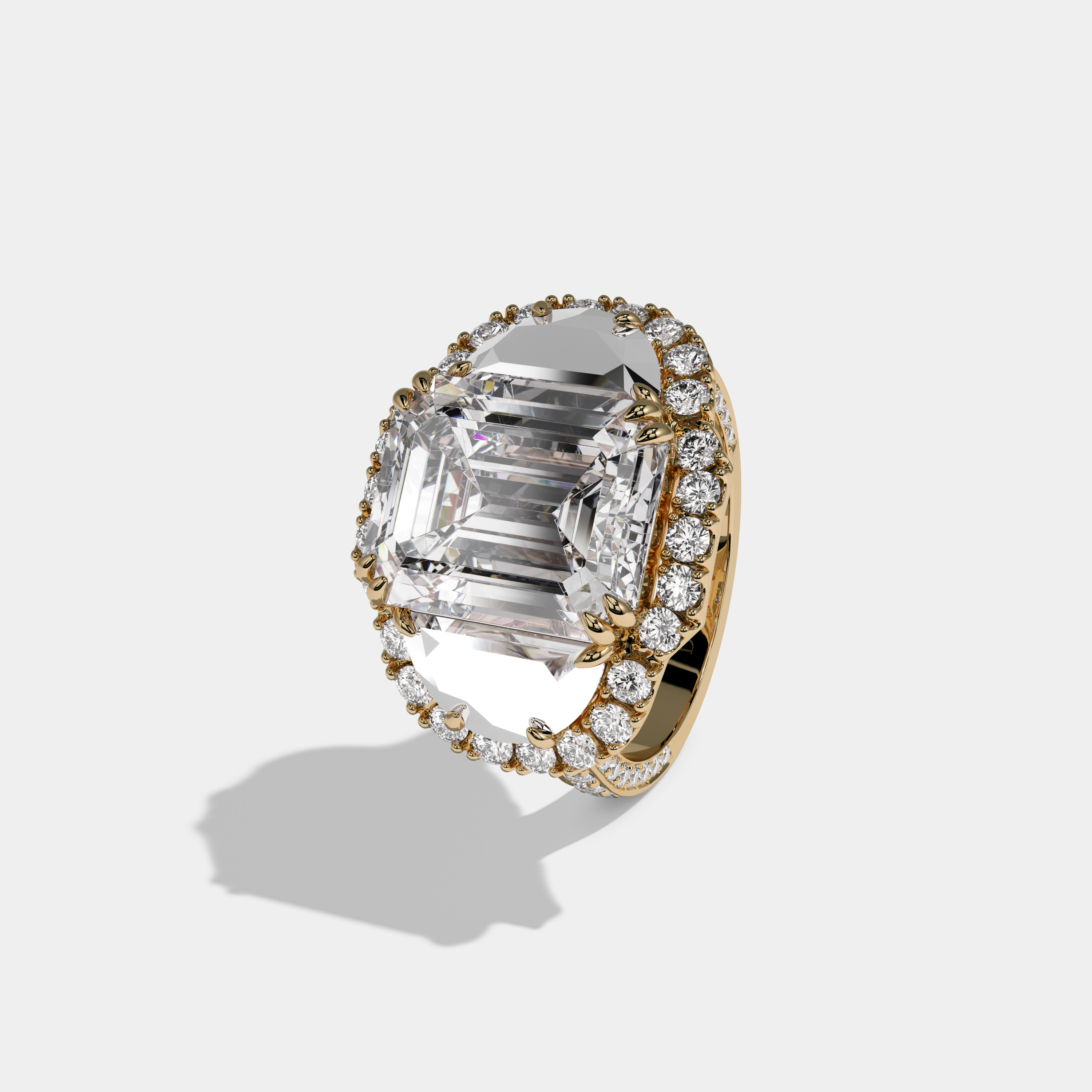 Blanche Emerald Cut Diamond With Half Moon Halo Band Engagement Ring 10ct 18K Yellow Gold