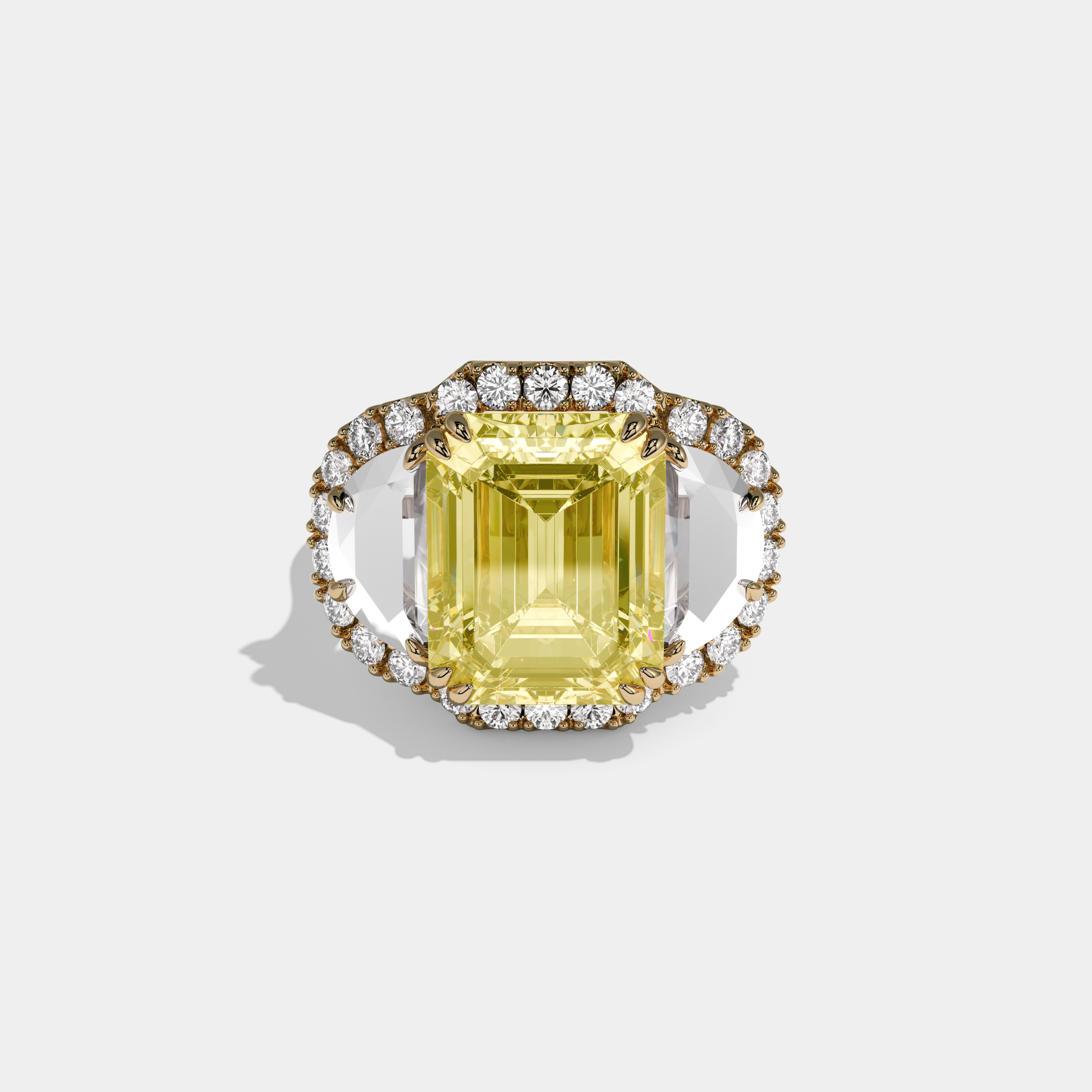 Arabella Fancy Yellow Emerald Cut Diamond With Half Moon Halo Band Engagement Ring 10ct 18K Yellow Gold