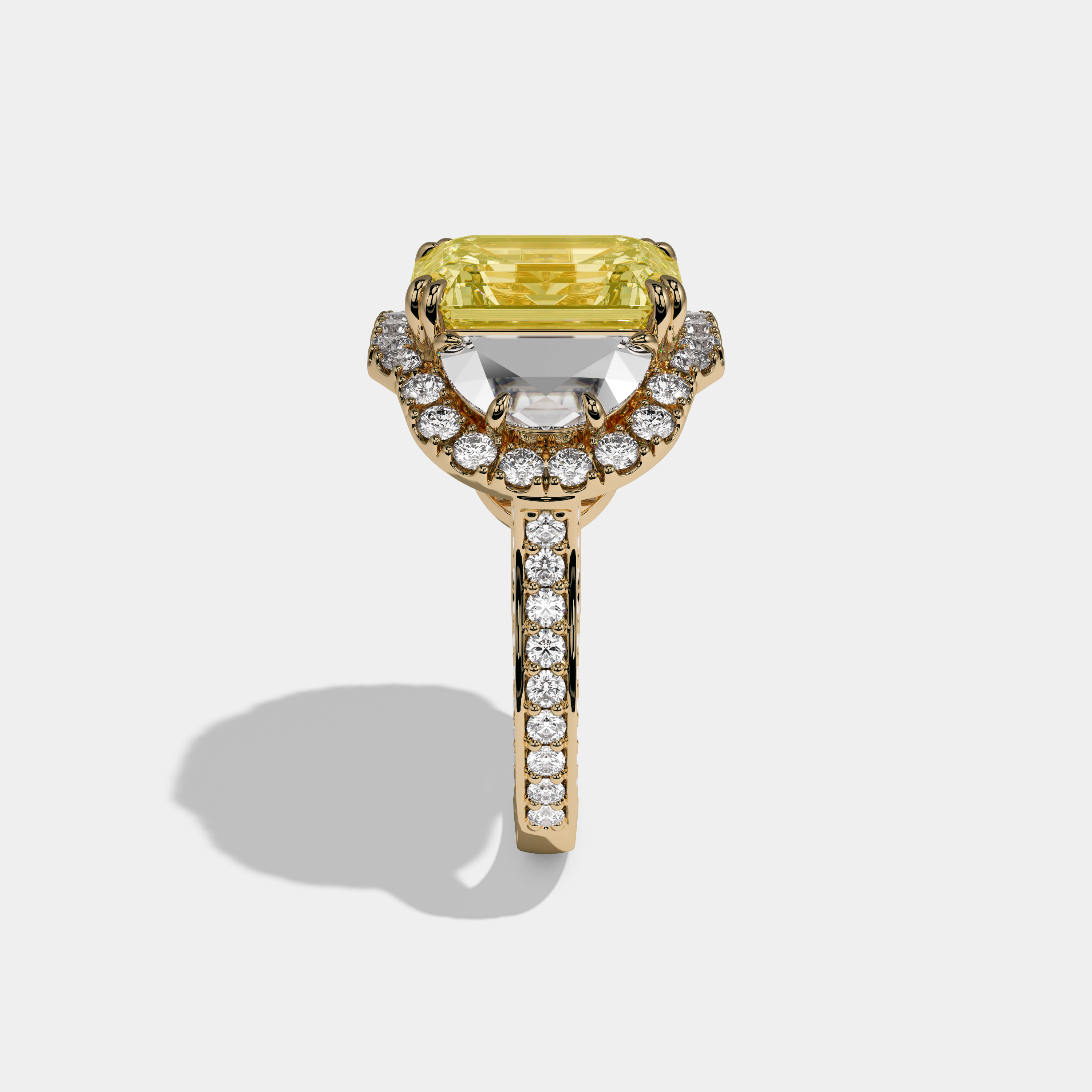 Arabella Fancy Yellow Emerald Cut Diamond With Half Moon Halo Band Engagement Ring 10ct 18K Yellow Gold