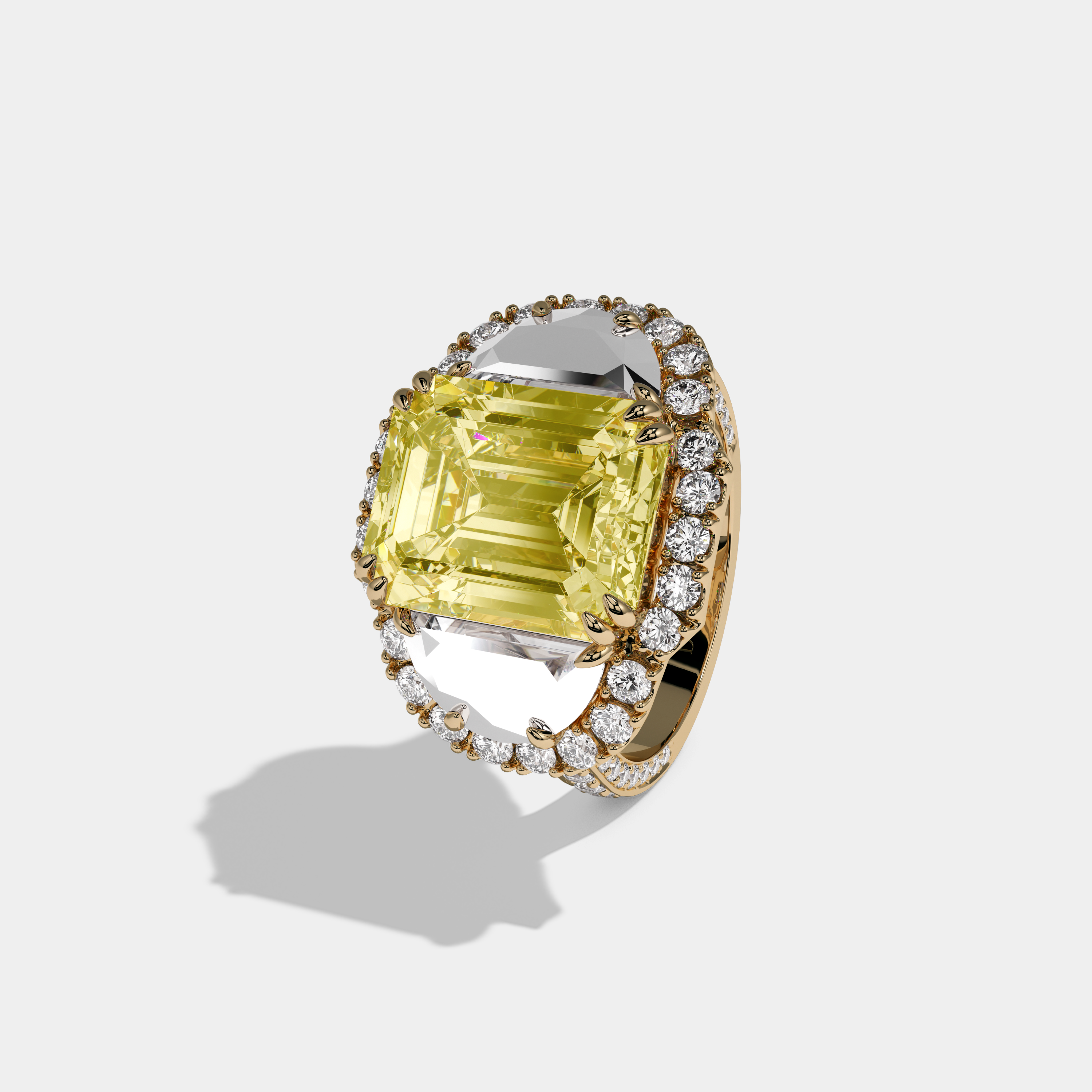 Arabella Fancy Yellow Emerald Cut Diamond With Half Moon Halo Band Engagement Ring 10ct 18K Yellow Gold