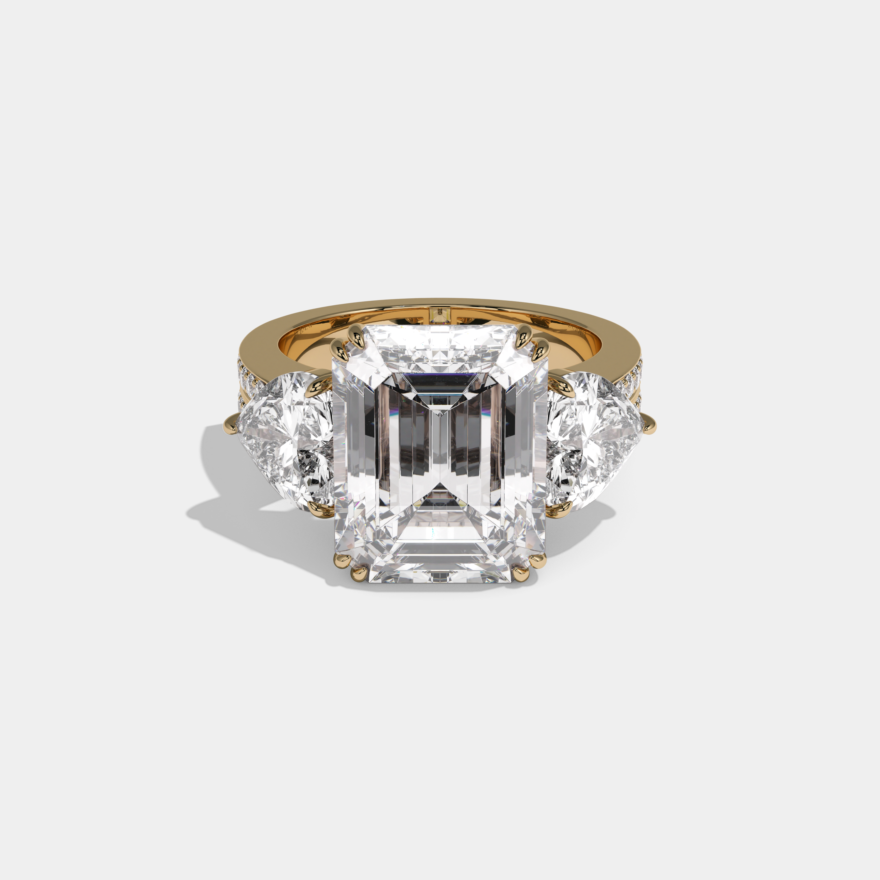 Berengaria Emerald Cut Diamond Halo Double Band With Twin Heart Sides Engagement Ring 10ct 18K Yellow Gold