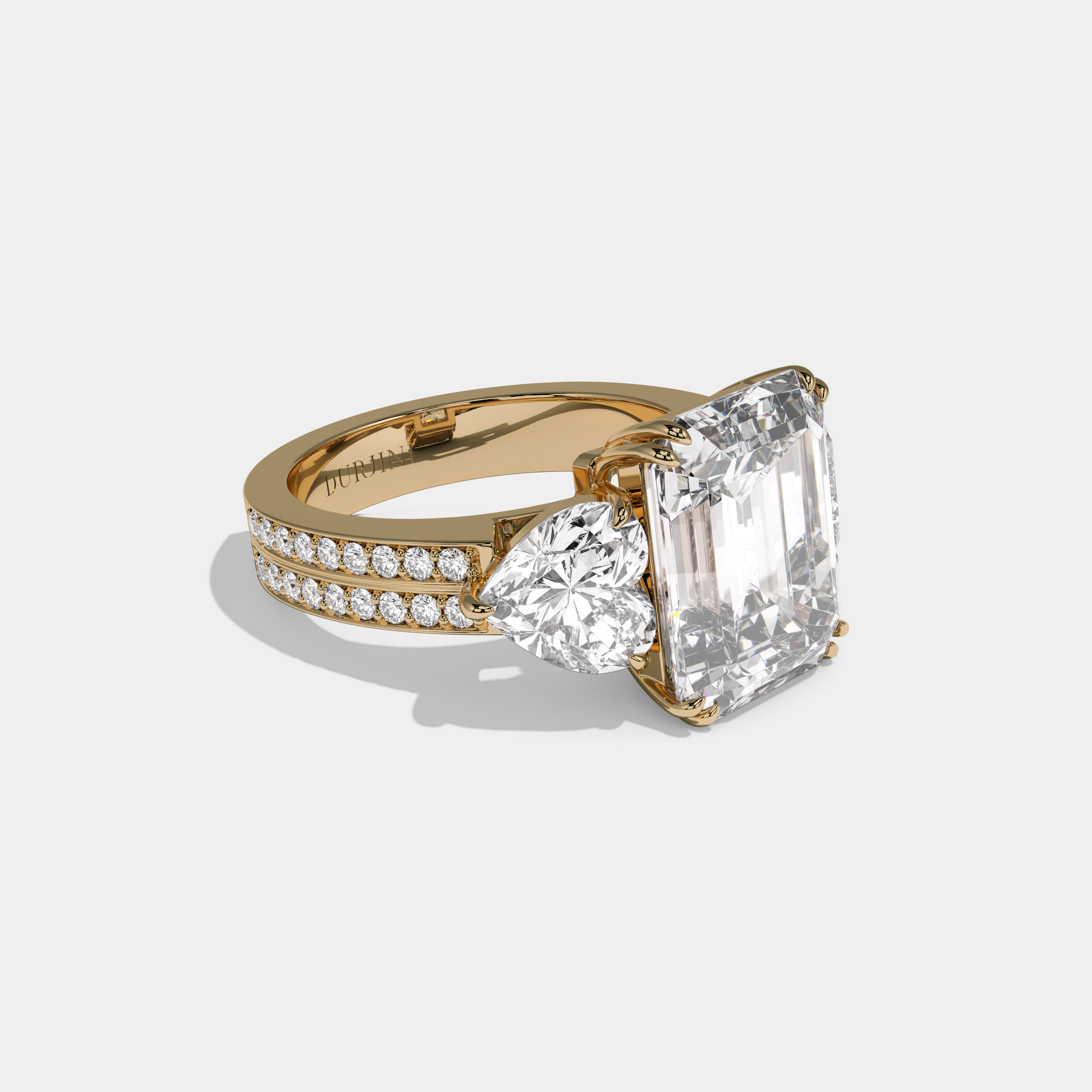 Berengaria Emerald Cut Diamond Halo Double Band With Twin Heart Sides Engagement Ring 10ct 18K Yellow Gold