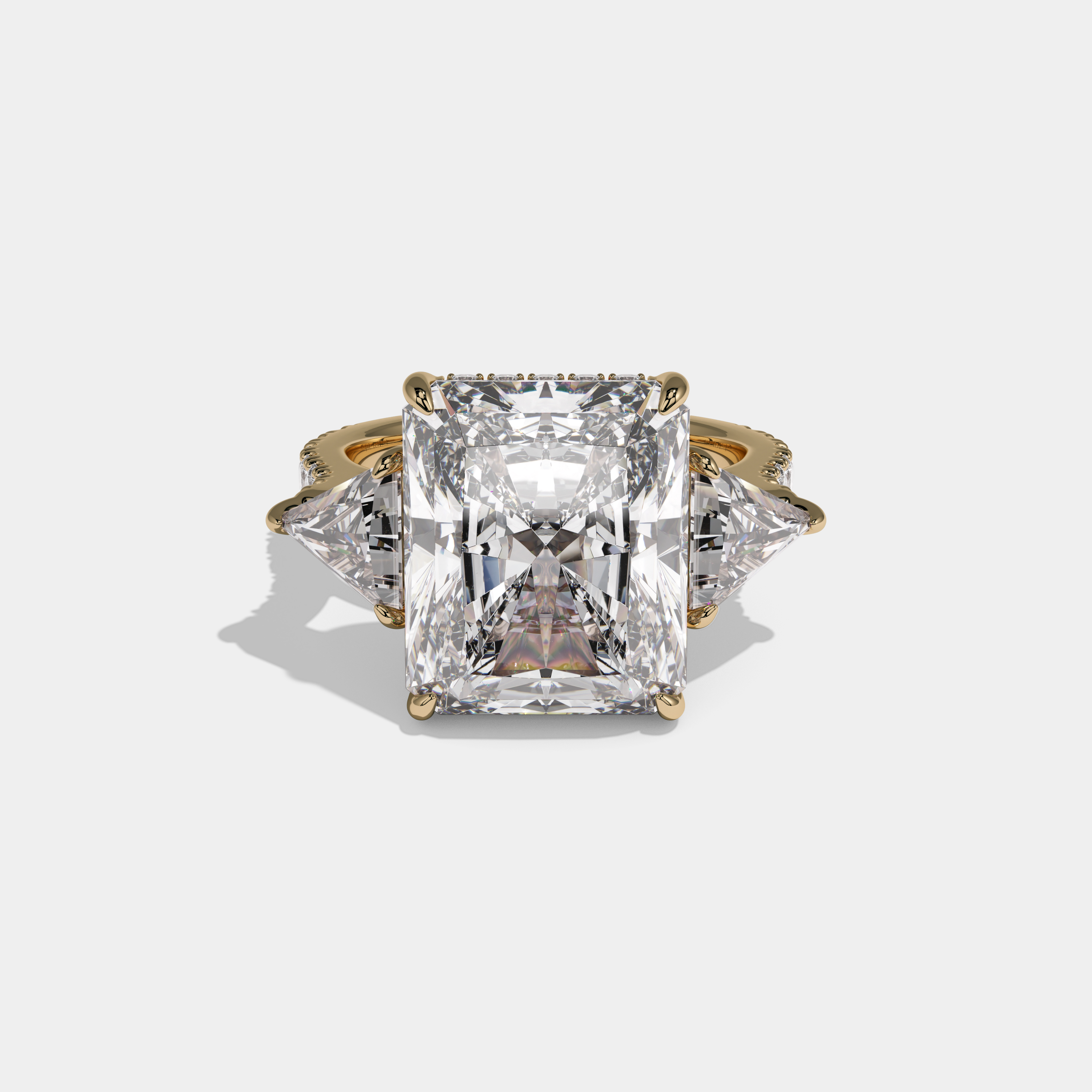 Elizabeth Radiant Cut Diamond Halo With Triangle Sides Diamond Band Engagement Ring 10ct 18k Yellow Gold