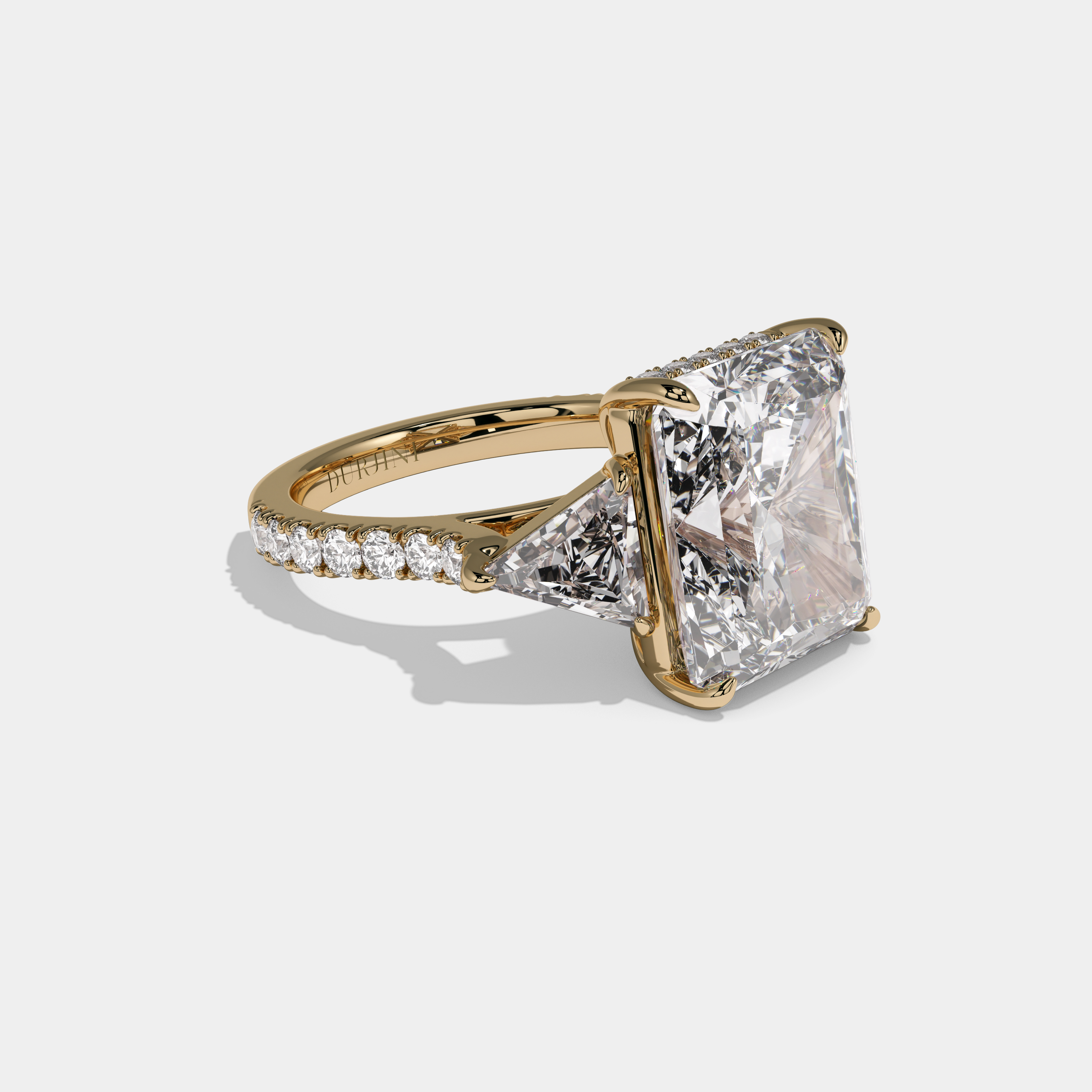 Elizabeth Radiant Cut Diamond Halo With Triangle Sides Diamond Band Engagement Ring 10ct 18k Yellow Gold