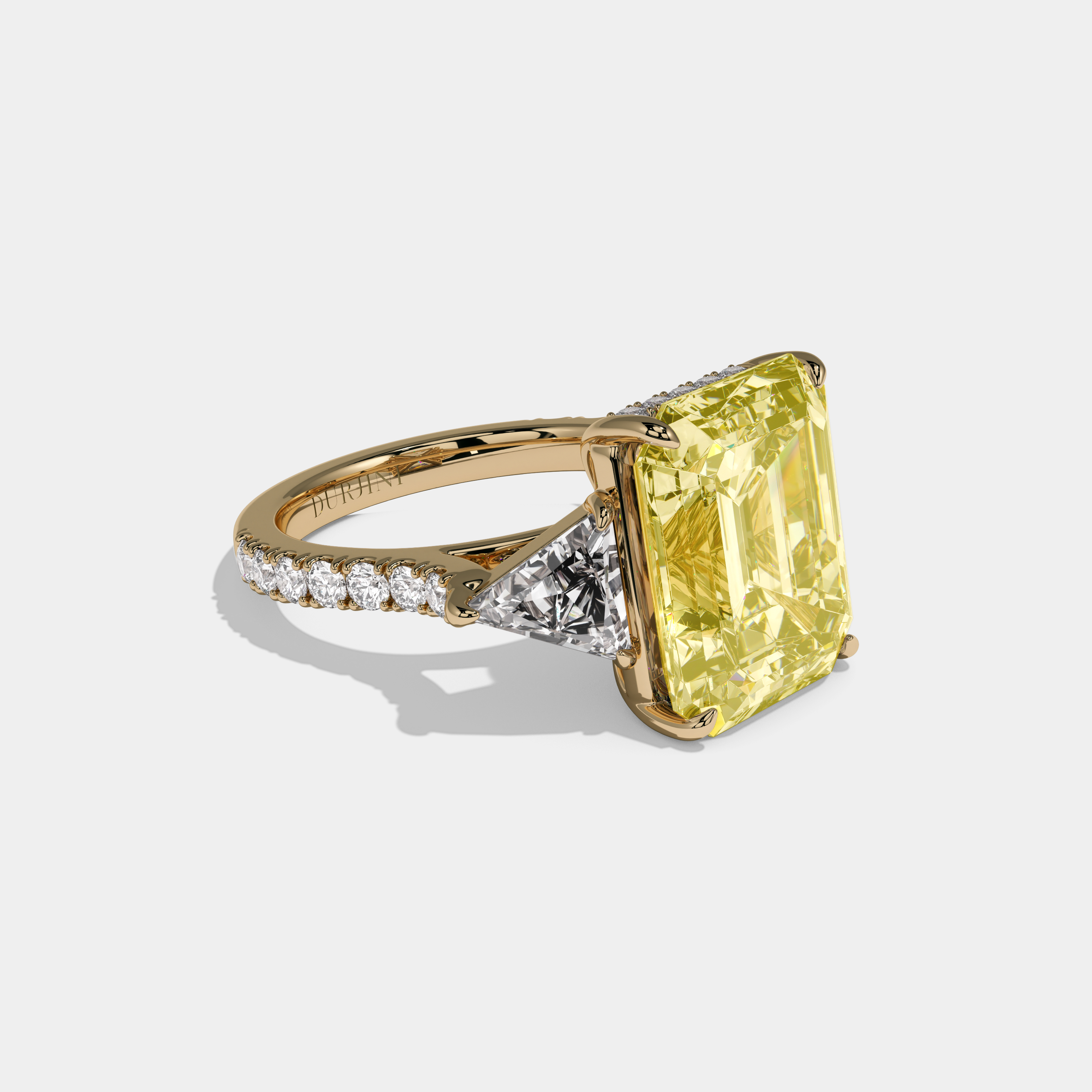 Victoria Fancy Yellow Emerald Cut Diamond Halo With Triangle Sides Engagement Ring 10ct 18K Yellow Gold
