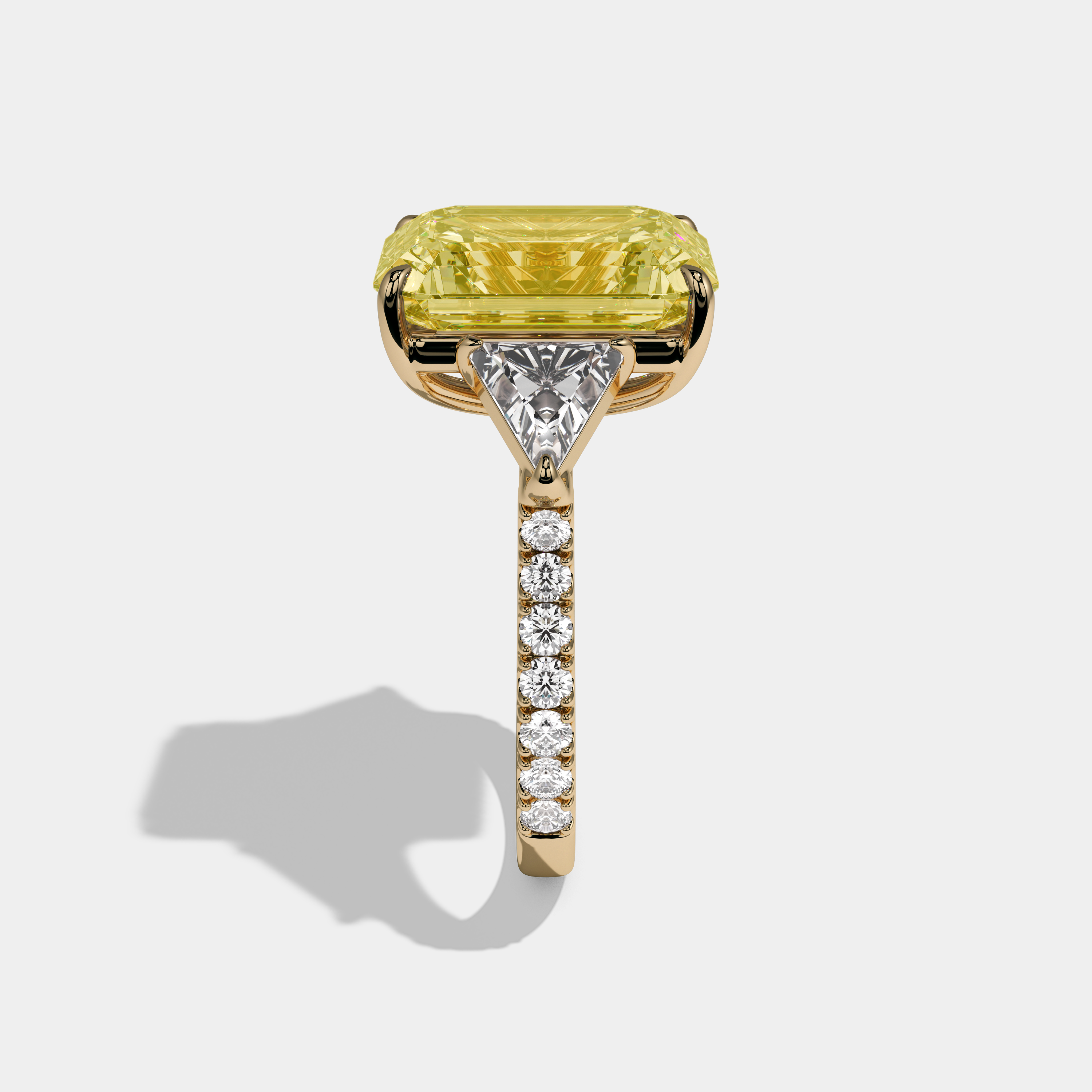 Victoria Fancy Yellow Emerald Cut Diamond Halo With Triangle Sides Engagement Ring 10ct 18K Yellow Gold