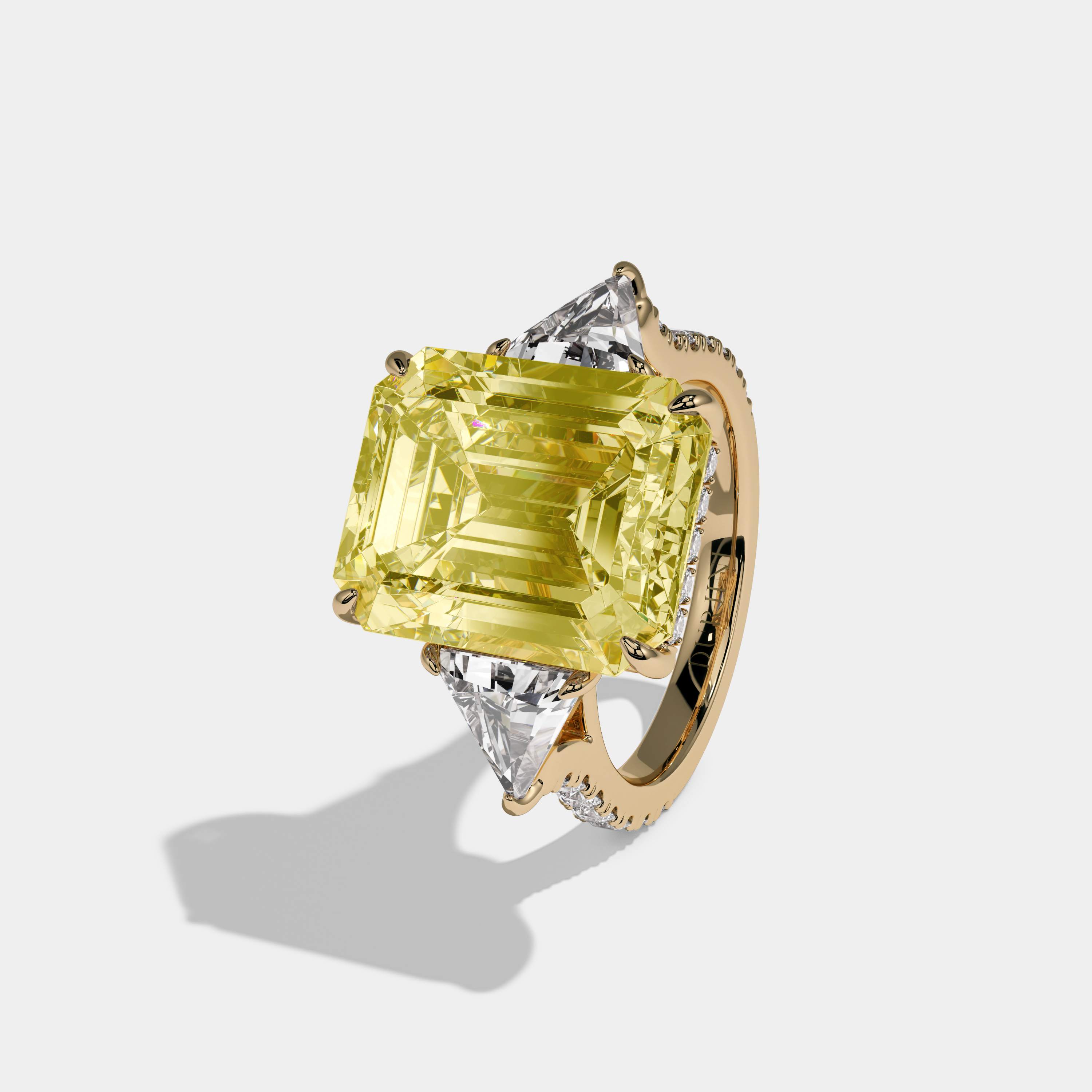 Victoria Fancy Yellow Emerald Cut Diamond Halo With Triangle Sides Engagement Ring 10ct 18K Yellow Gold