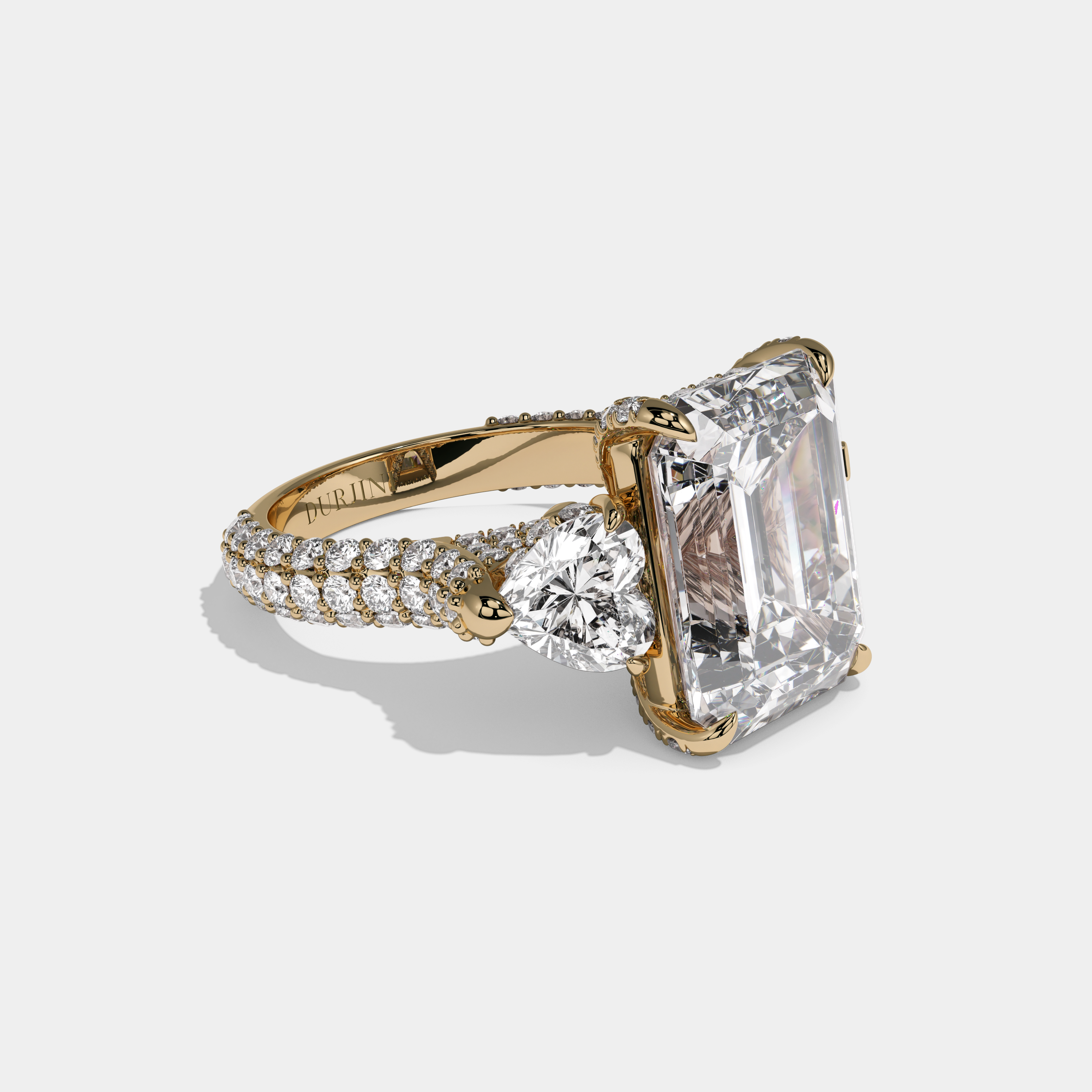 Juliana Emerald Cut Diamond Halo With Brilliant Cut Heart Sides Engagement Ring 10ct 18K Yellow Gold