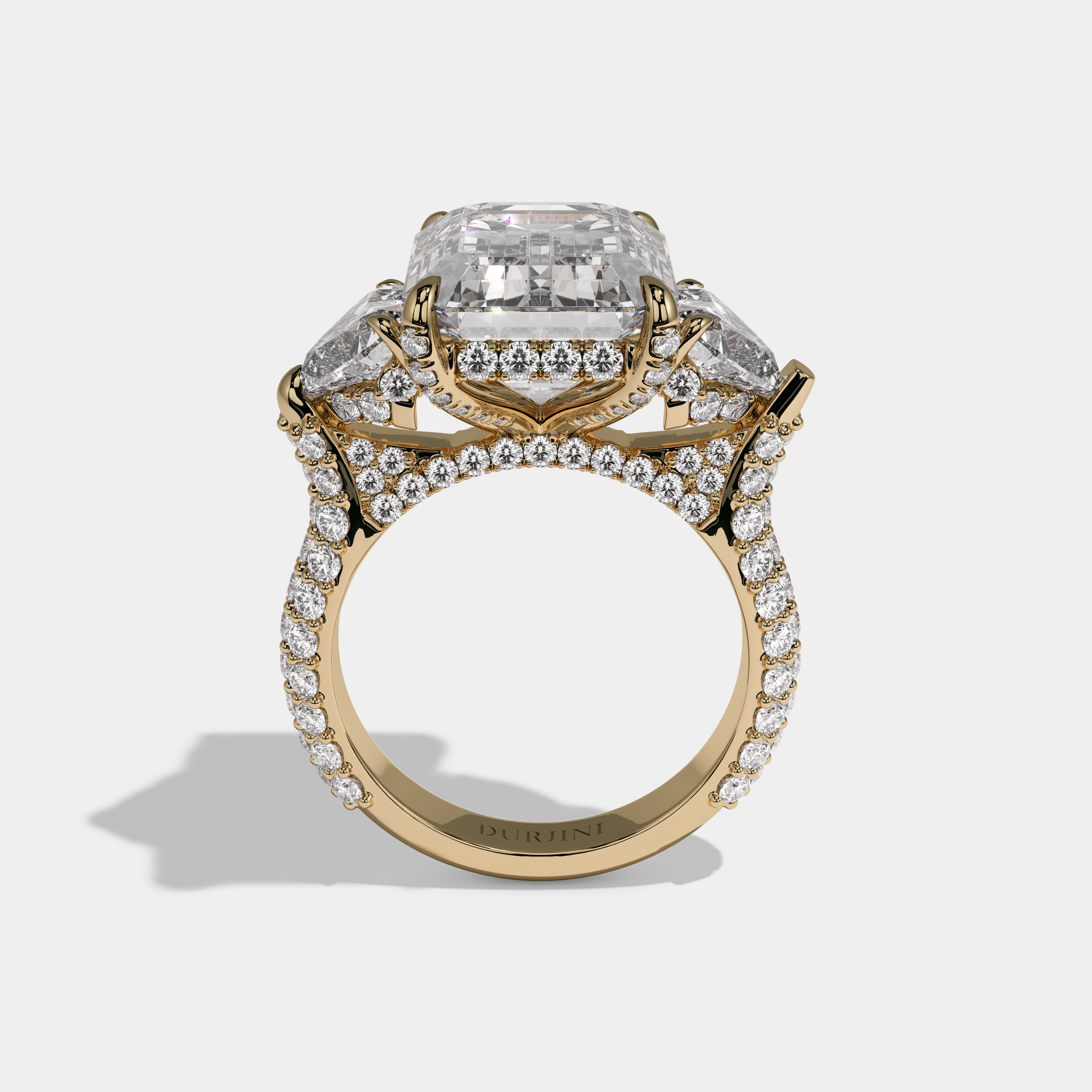 Juliana Emerald Cut Diamond Halo With Brilliant Cut Heart Sides Engagement Ring 10ct 18K Yellow Gold