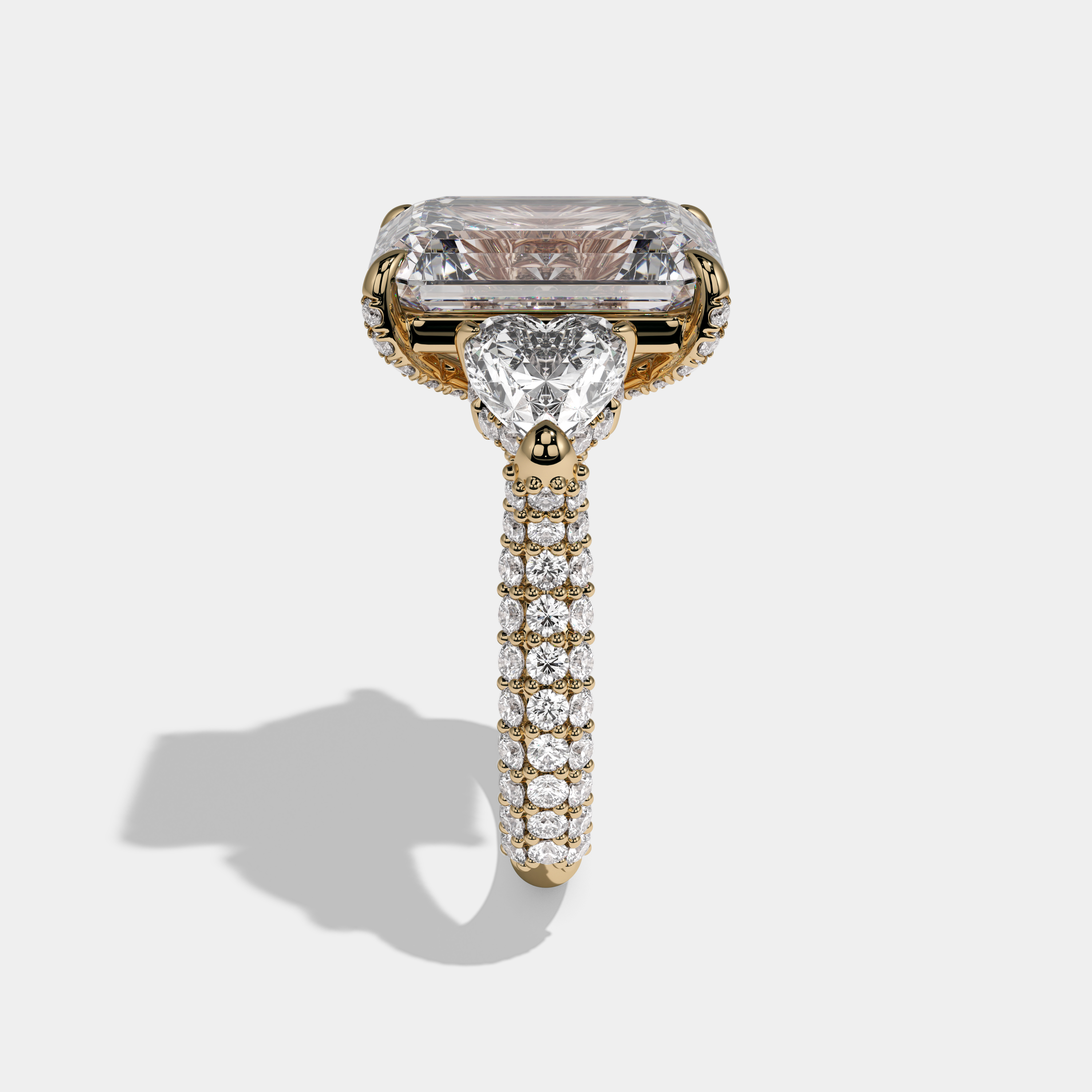 Juliana Emerald Cut Diamond Halo With Brilliant Cut Heart Sides Engagement Ring 10ct 18K Yellow Gold