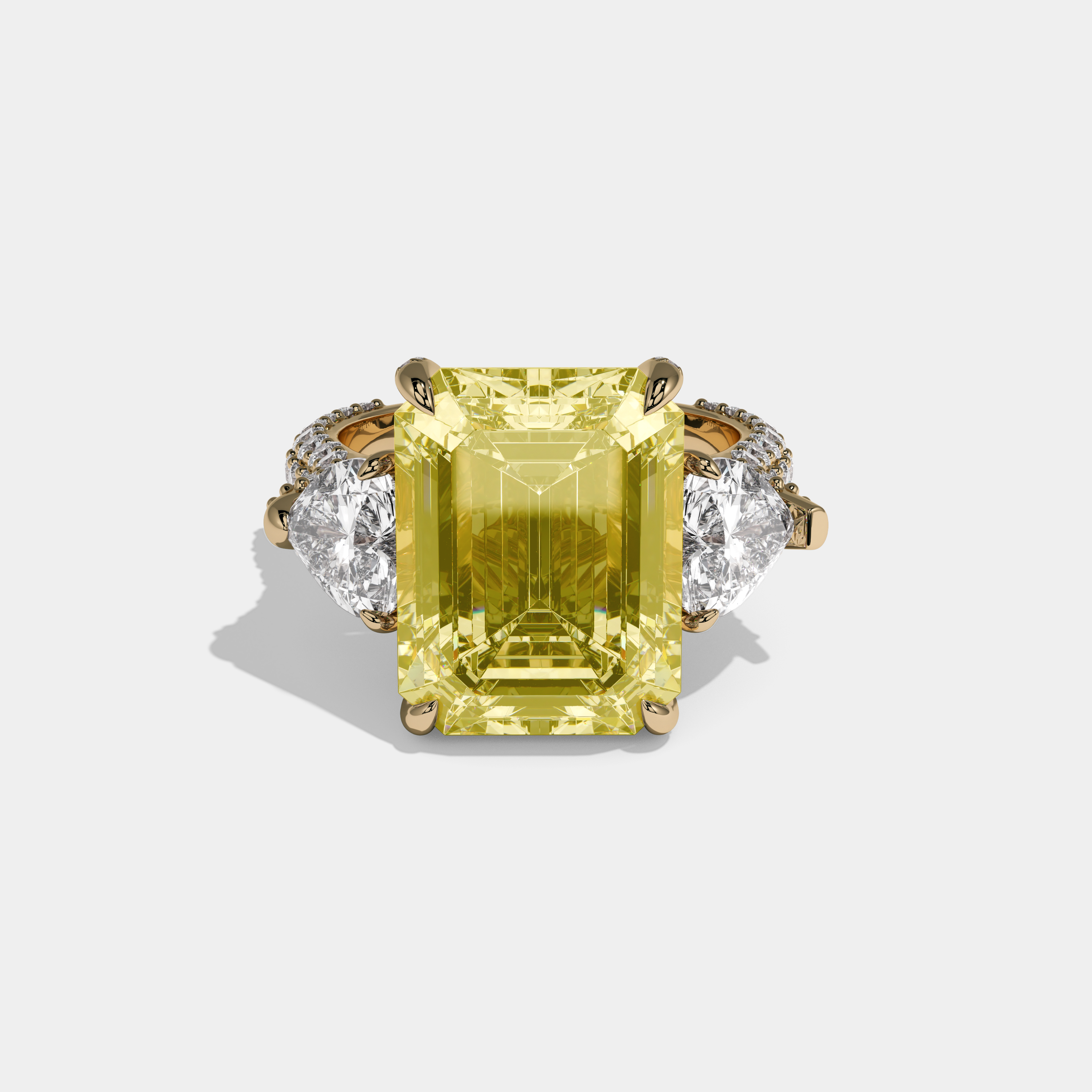 Elizabeth Fancy Yellow Emerald Cut Diamond Halo With Brilliant Cut Heart Sides Engagement Ring 10ct 18K Yellow Gold