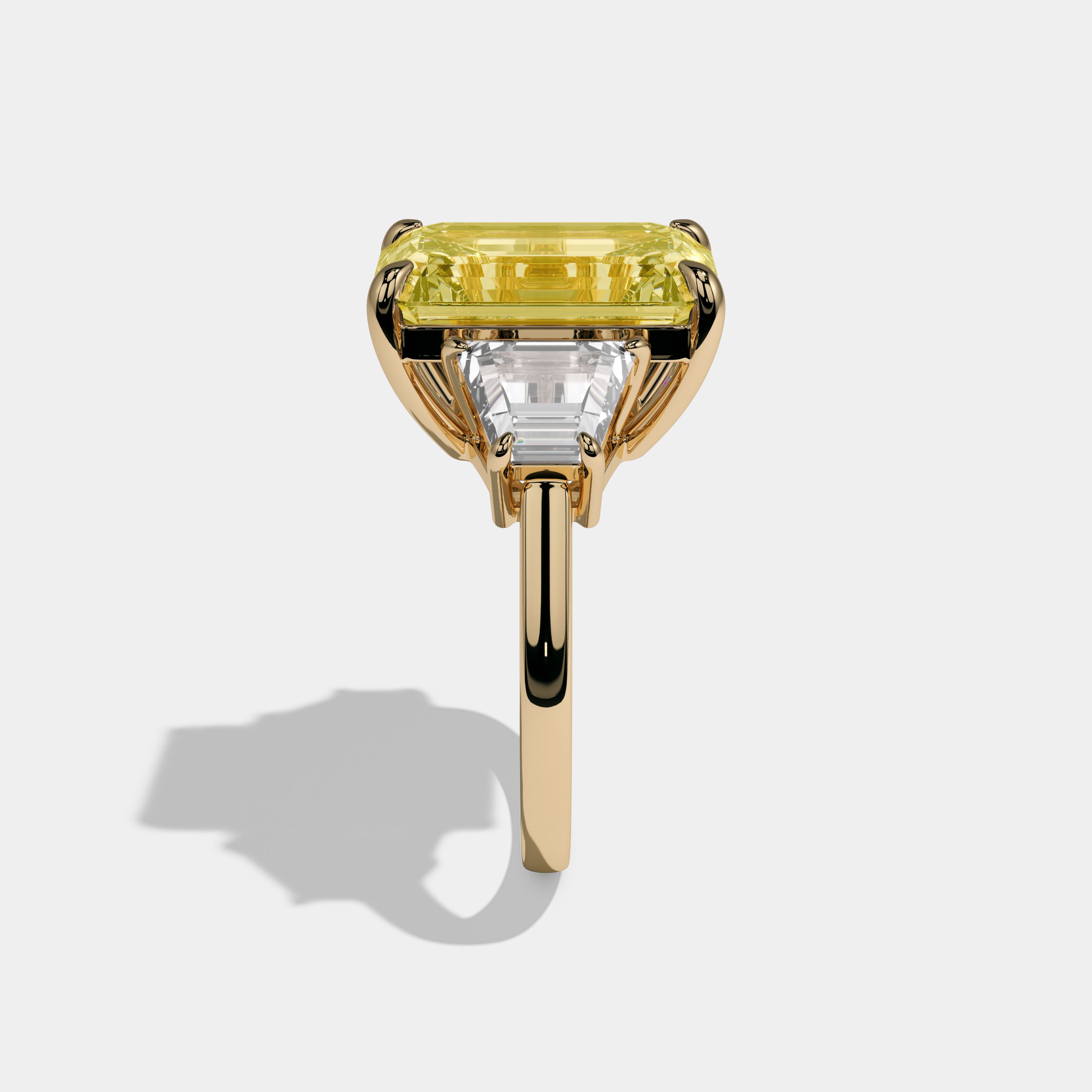 Victoria Fancy Yellow Emerald Cut Diamond Plain Band With Quad Cut Sides Engagement Ring 8ct 18K Yellow Gold