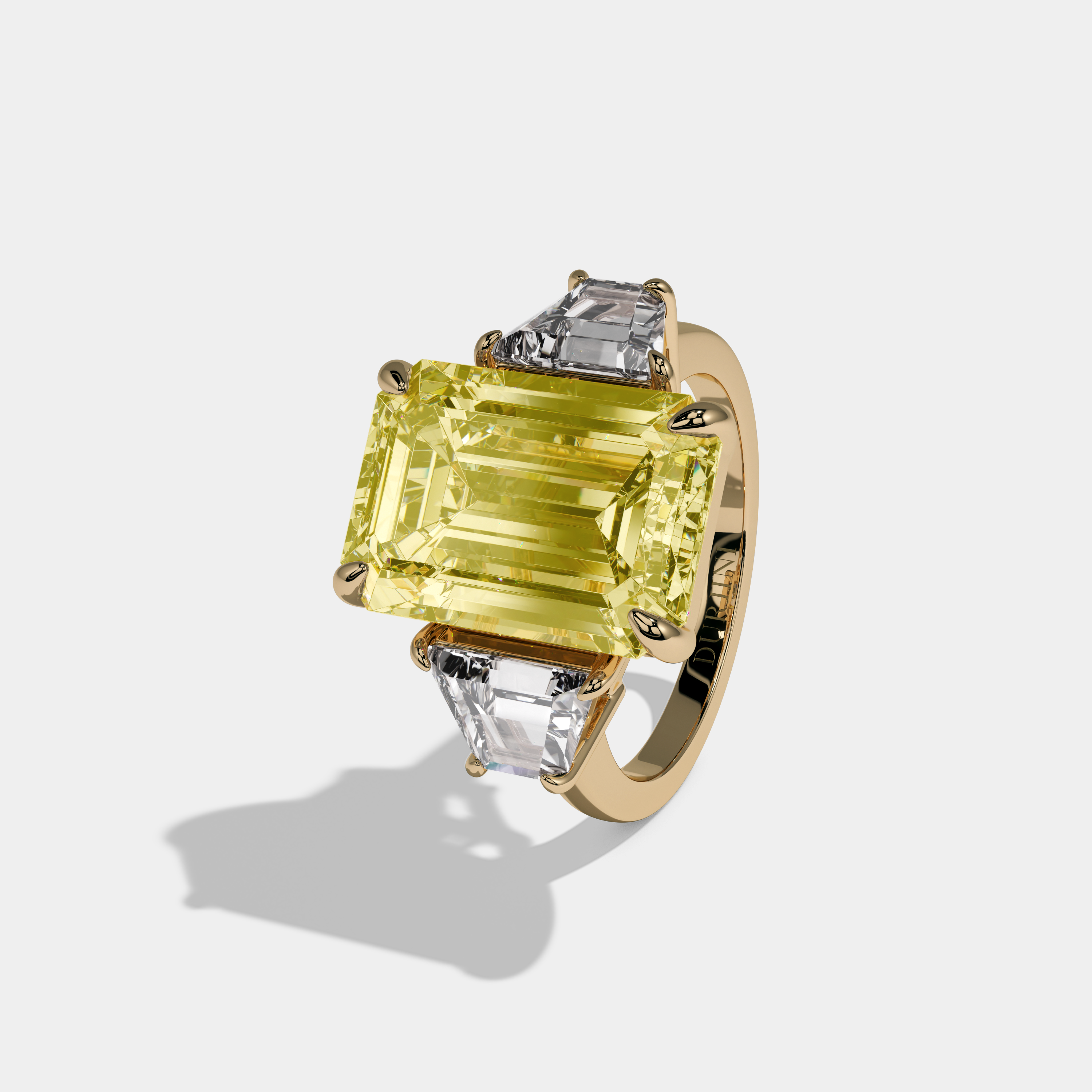 Victoria Fancy Yellow Emerald Cut Diamond Plain Band With Quad Cut Sides Engagement Ring 8ct 18K Yellow Gold