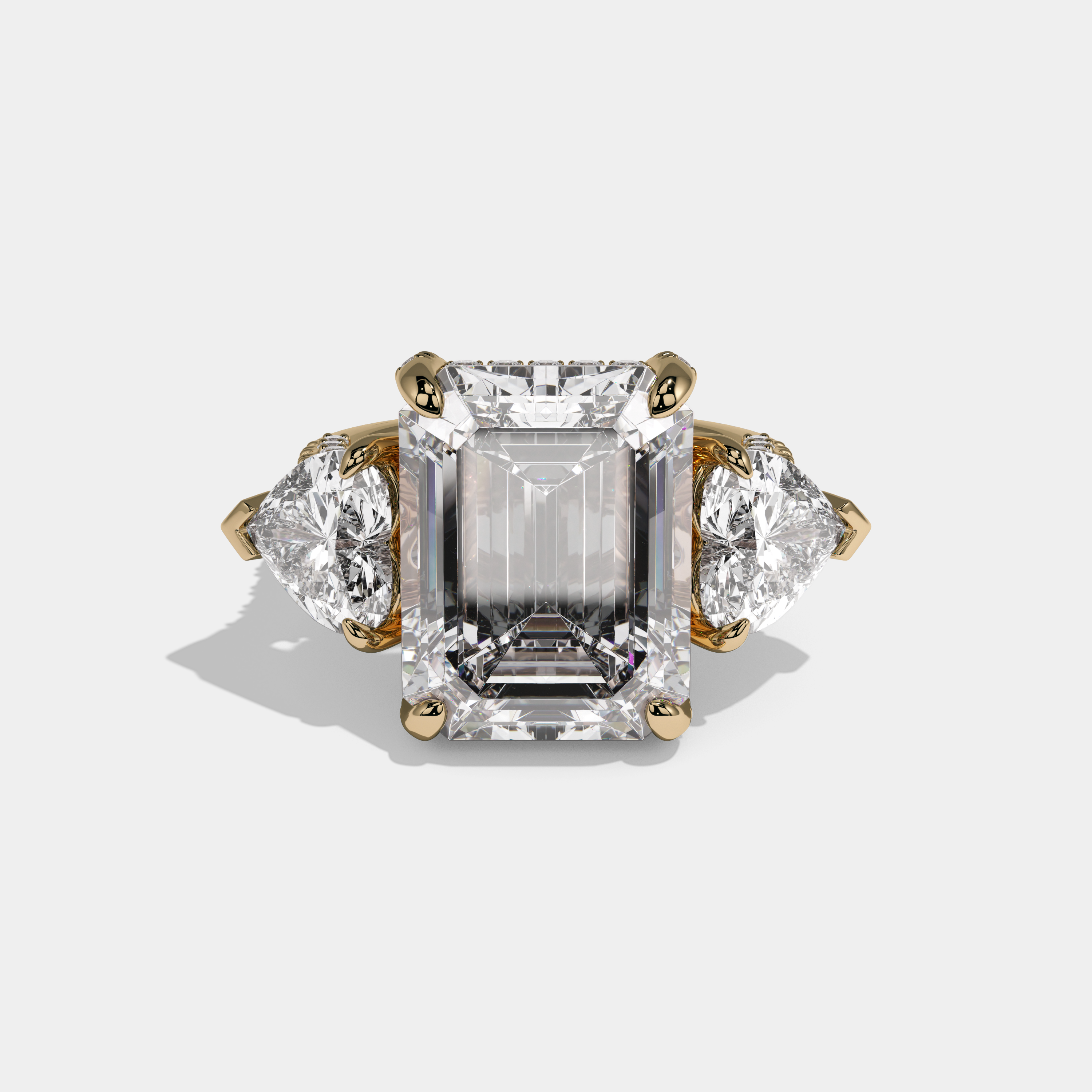 Millicent Emerald Cut Diamond Halo With Brilliant Cut Heart Side Diamond Band Engagement Ring 10ct 18K Yellow Gold