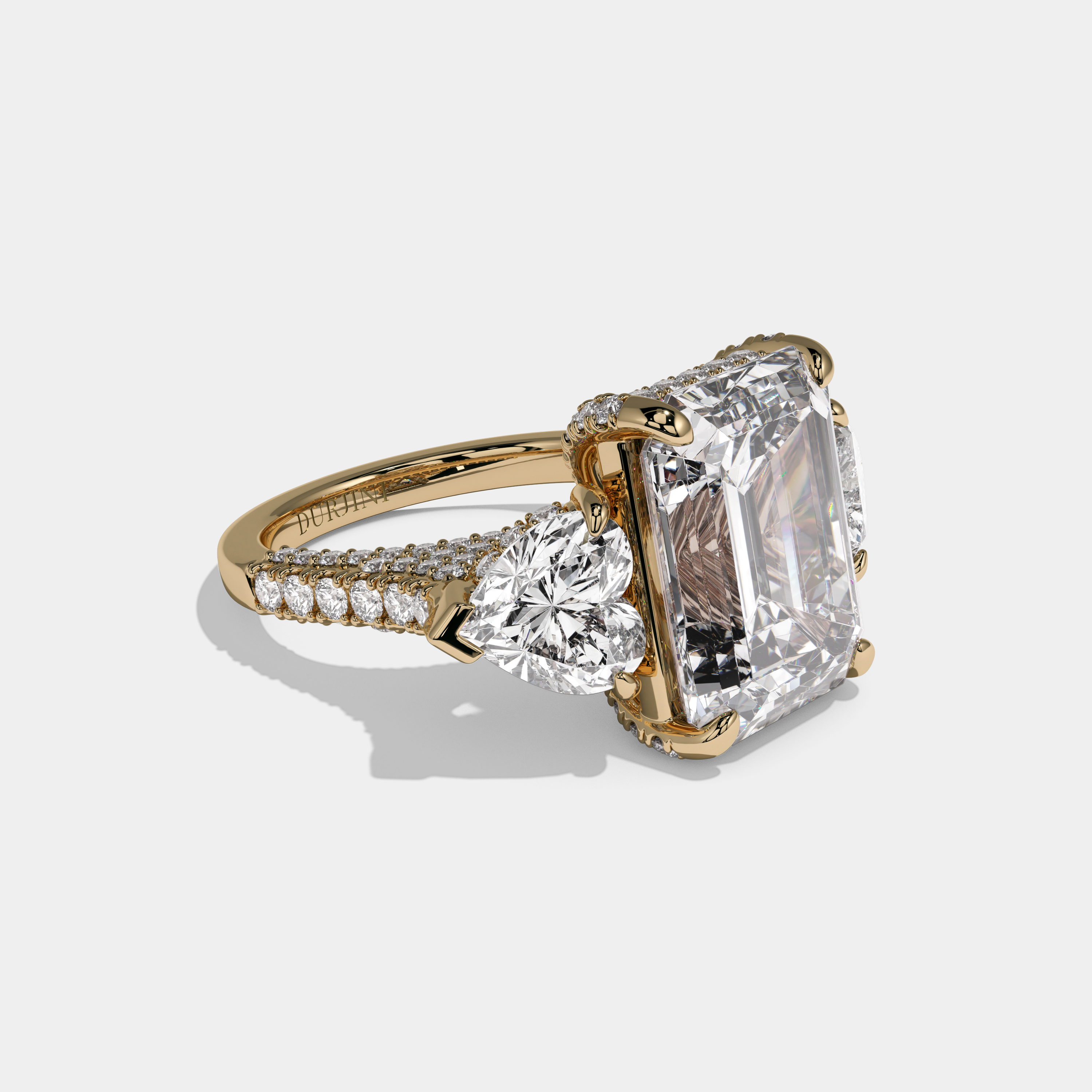 Millicent Emerald Cut Diamond Halo With Brilliant Cut Heart Side Diamond Band Engagement Ring 10ct 18K Yellow Gold