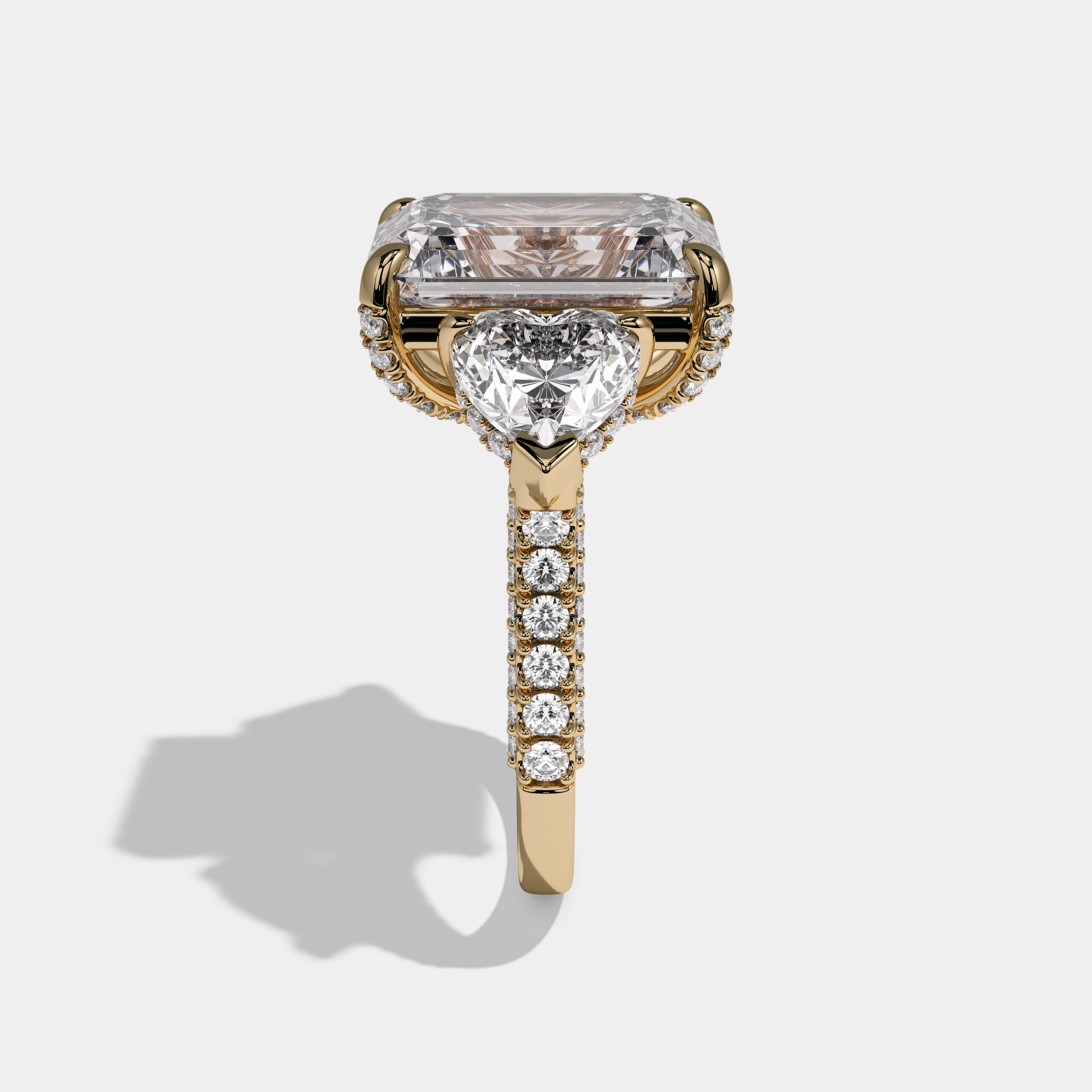 Millicent Emerald Cut Diamond Halo With Brilliant Cut Heart Side Diamond Band Engagement Ring 10ct 18K Yellow Gold