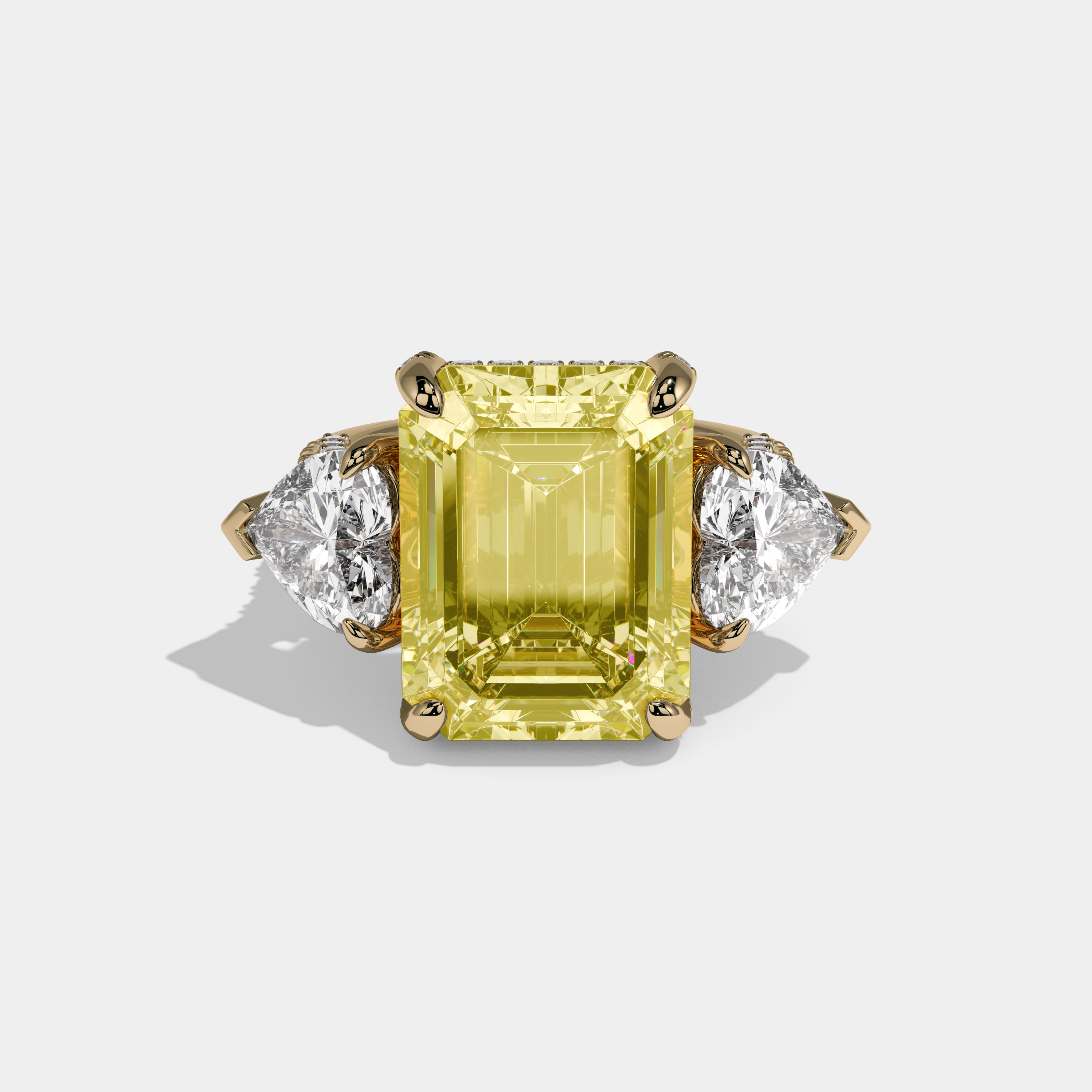 Charlotte Fancy Yellow Emerald Cut Diamond Halo With Brilliant Cut Heart Side Diamond Band Engagement Ring 10ct 18K Yellow Gold
