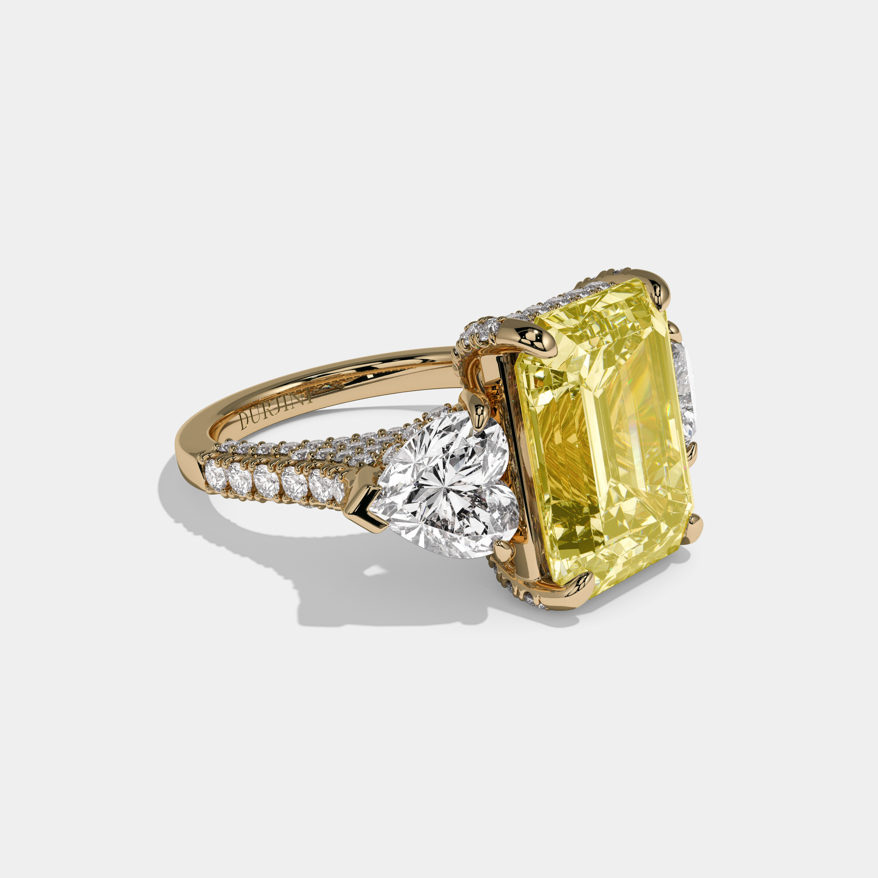 Charlotte Fancy Yellow Emerald Cut Diamond Halo With Brilliant Cut Heart Side Diamond Band Engagement Ring 10ct 18K Yellow Gold