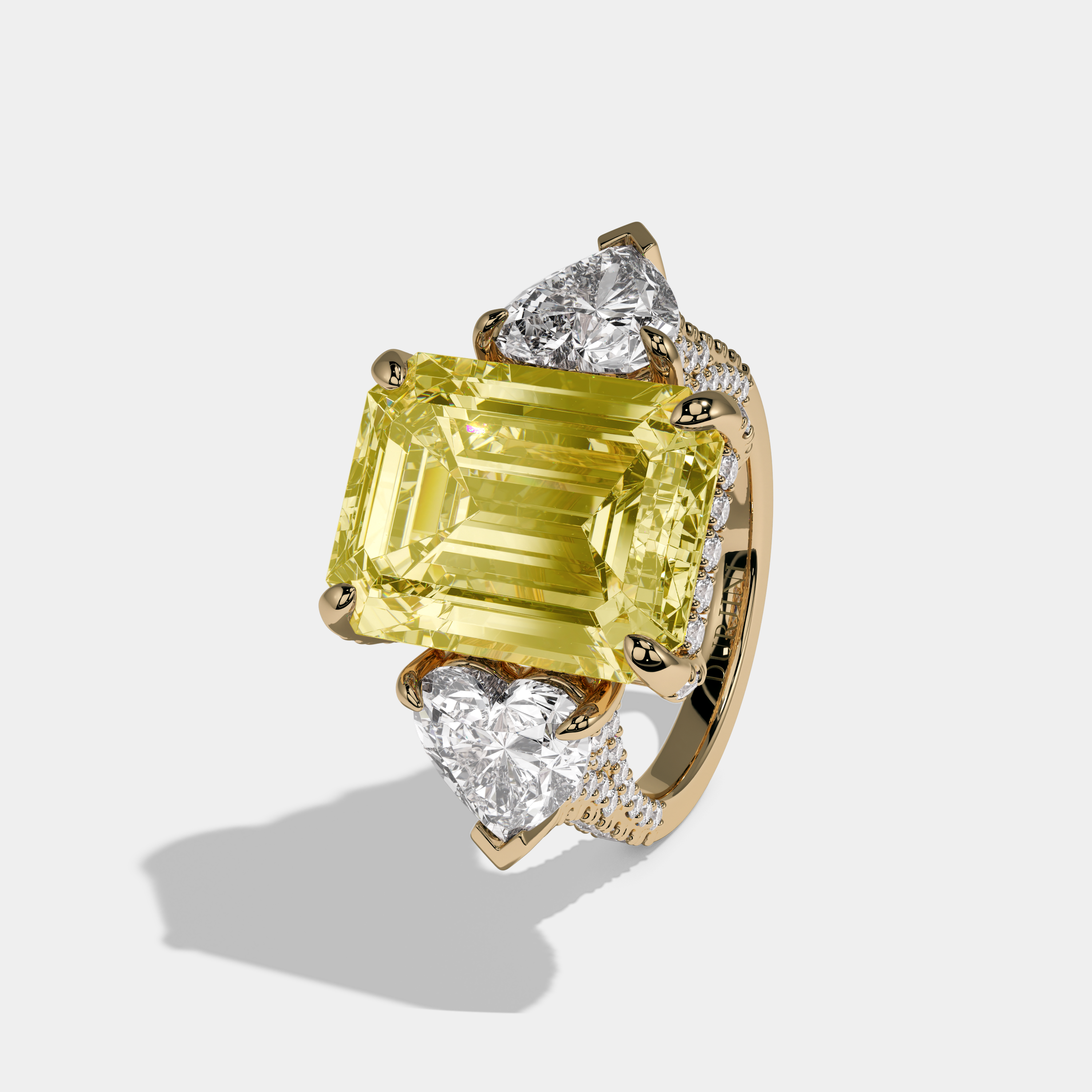 Charlotte Fancy Yellow Emerald Cut Diamond Halo With Brilliant Cut Heart Side Diamond Band Engagement Ring 10ct 18K Yellow Gold