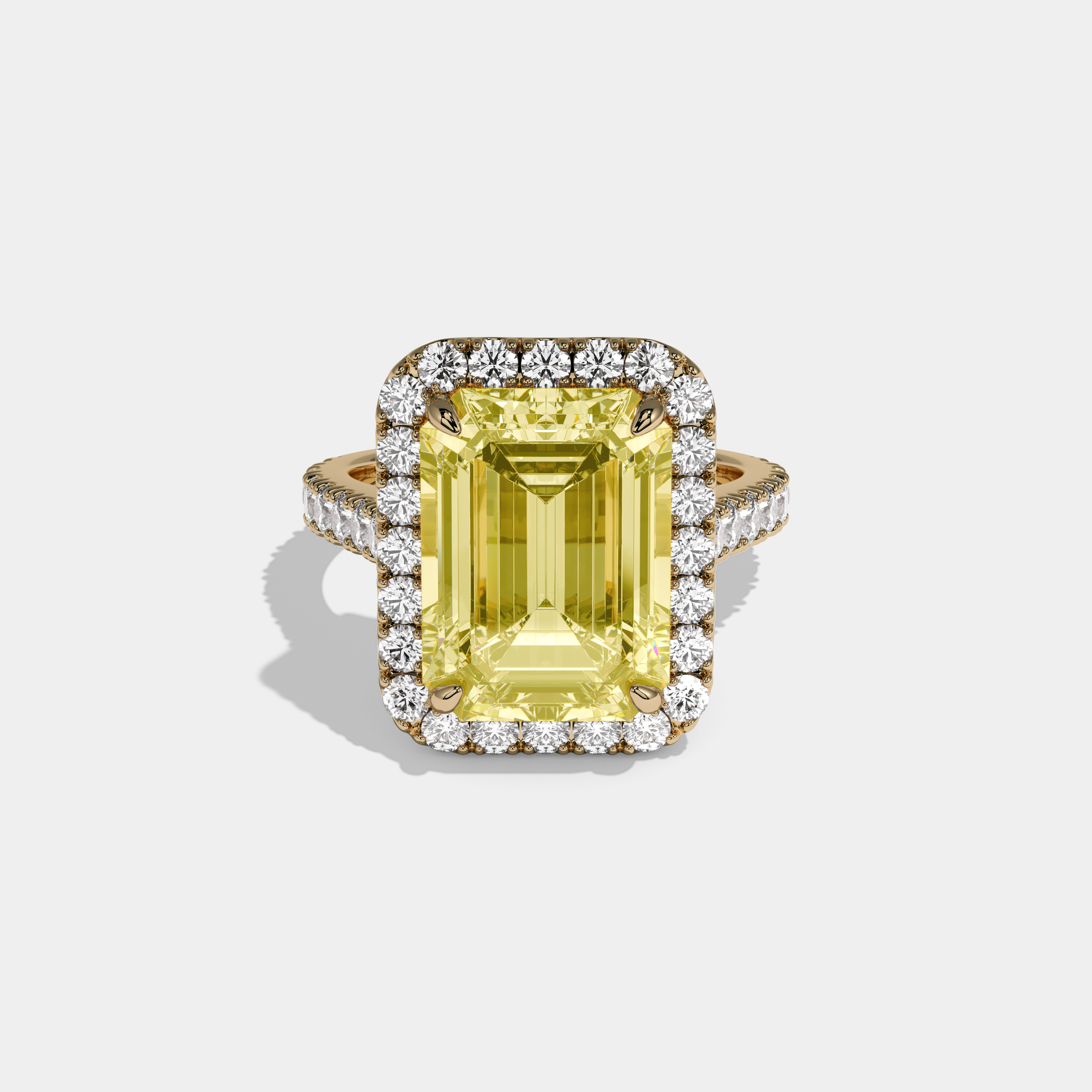 Elizabeth Fancy Yellow Emerald Cut Diamond Halo Engagement Ring 10ct 18K Yellow Gold