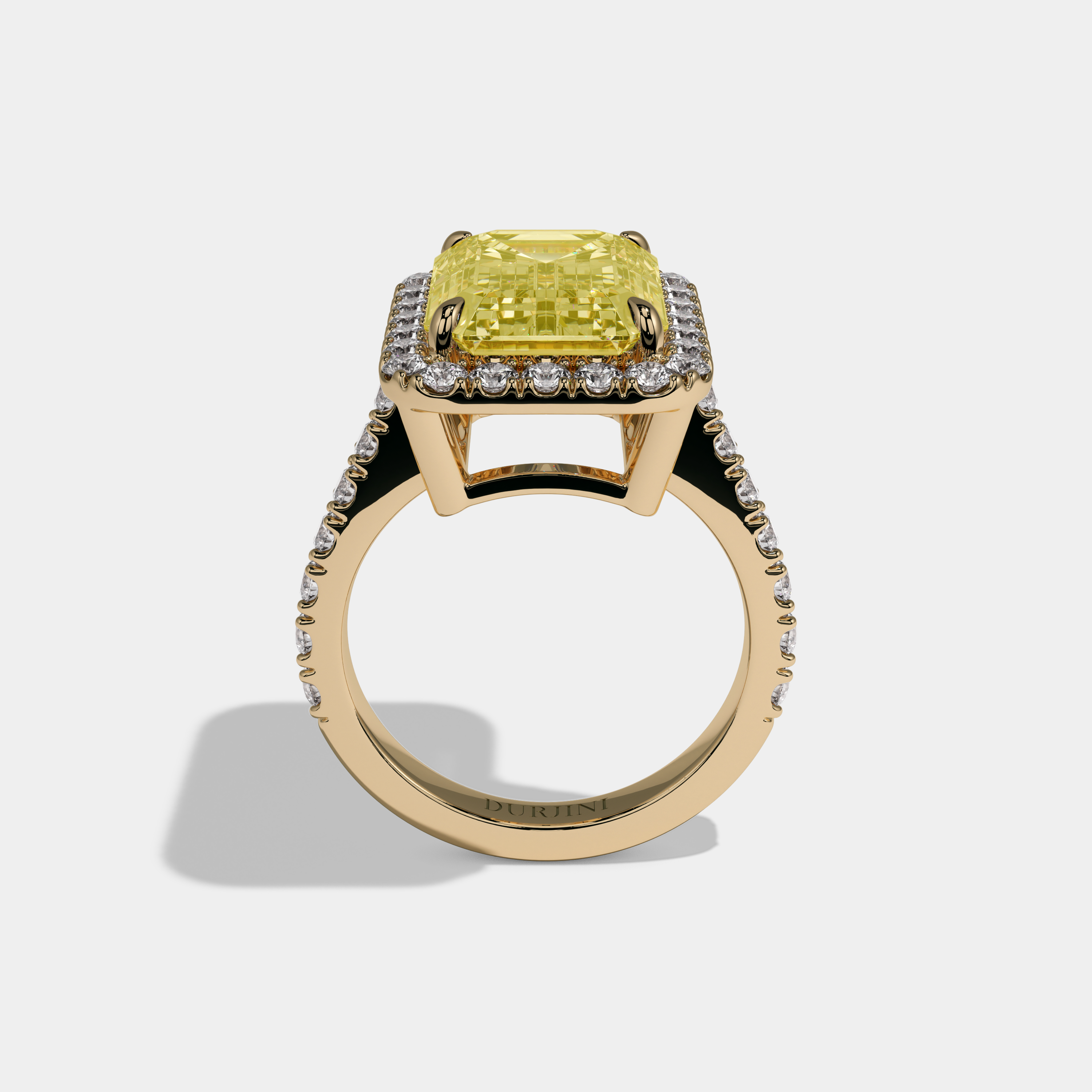Elizabeth Fancy Yellow Emerald Cut Diamond Halo Engagement Ring 10ct 18K Yellow Gold