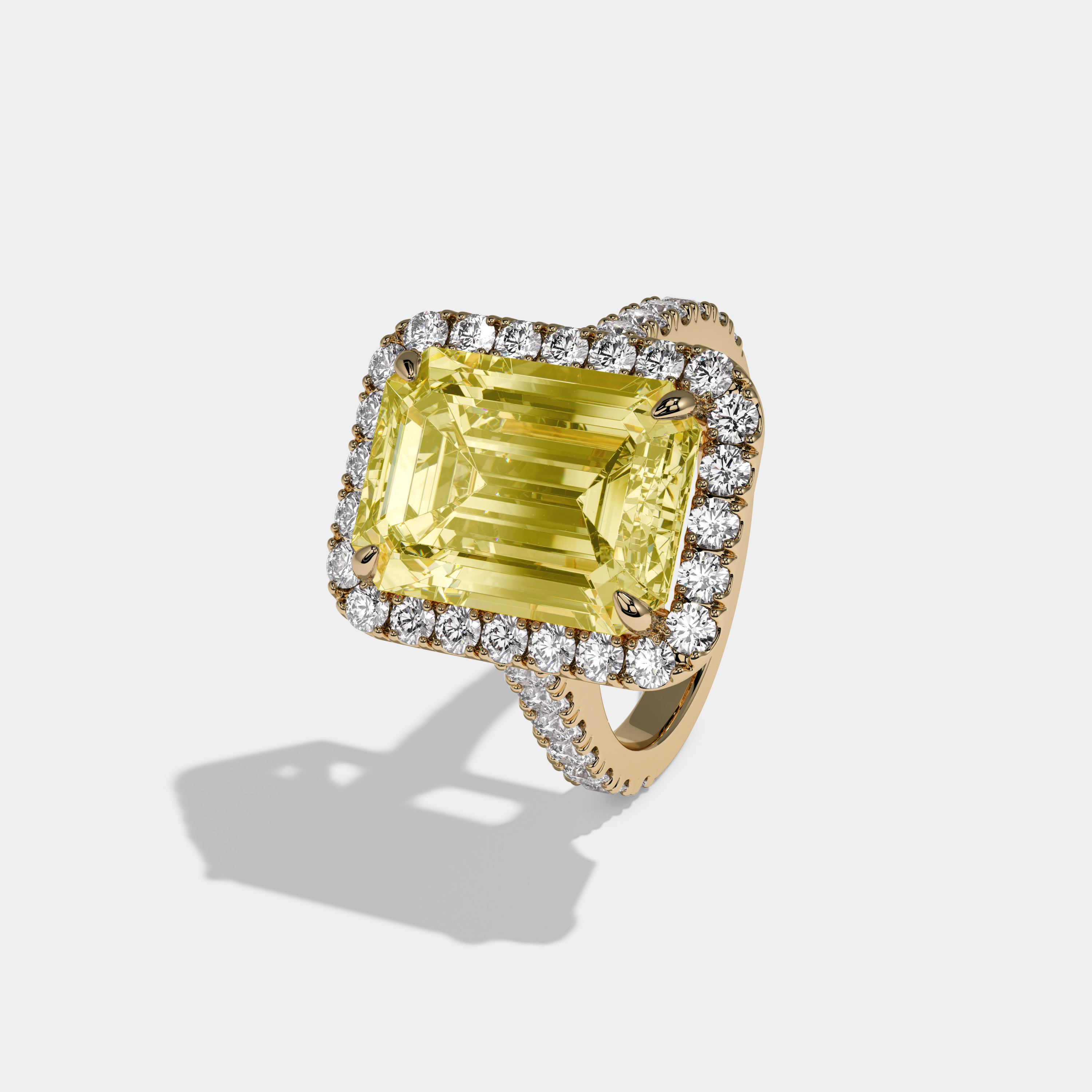 Elizabeth Fancy Yellow Emerald Cut Diamond Halo Engagement Ring 10ct 18K Yellow Gold